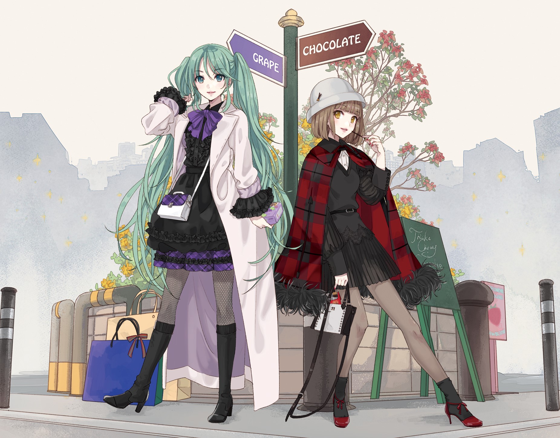 Two anime girls with shopping bags in a city HD Wallpaper