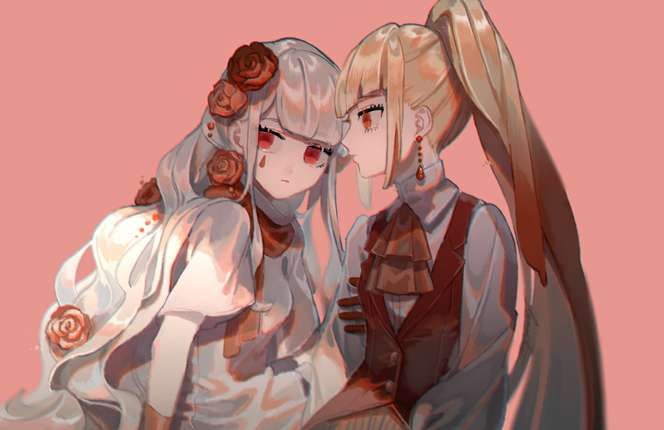 Two anime girls with roses and red accents HD Wallpaper