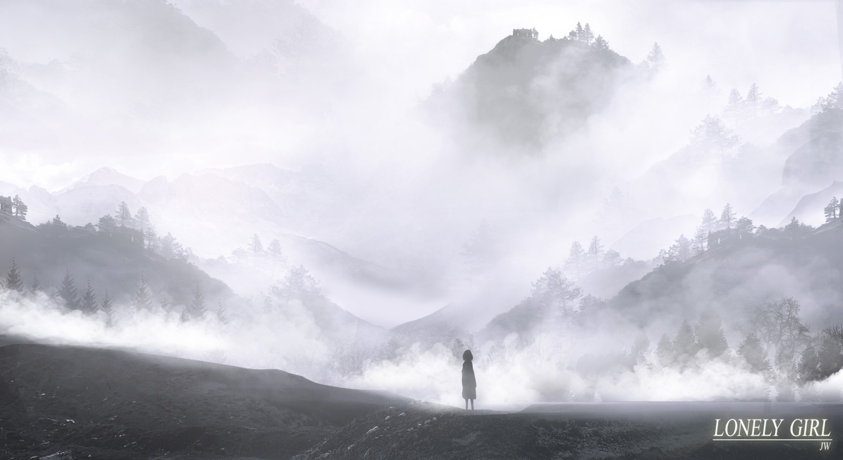Lonely Girl in a Misty Mountain Landscape HD Wallpaper