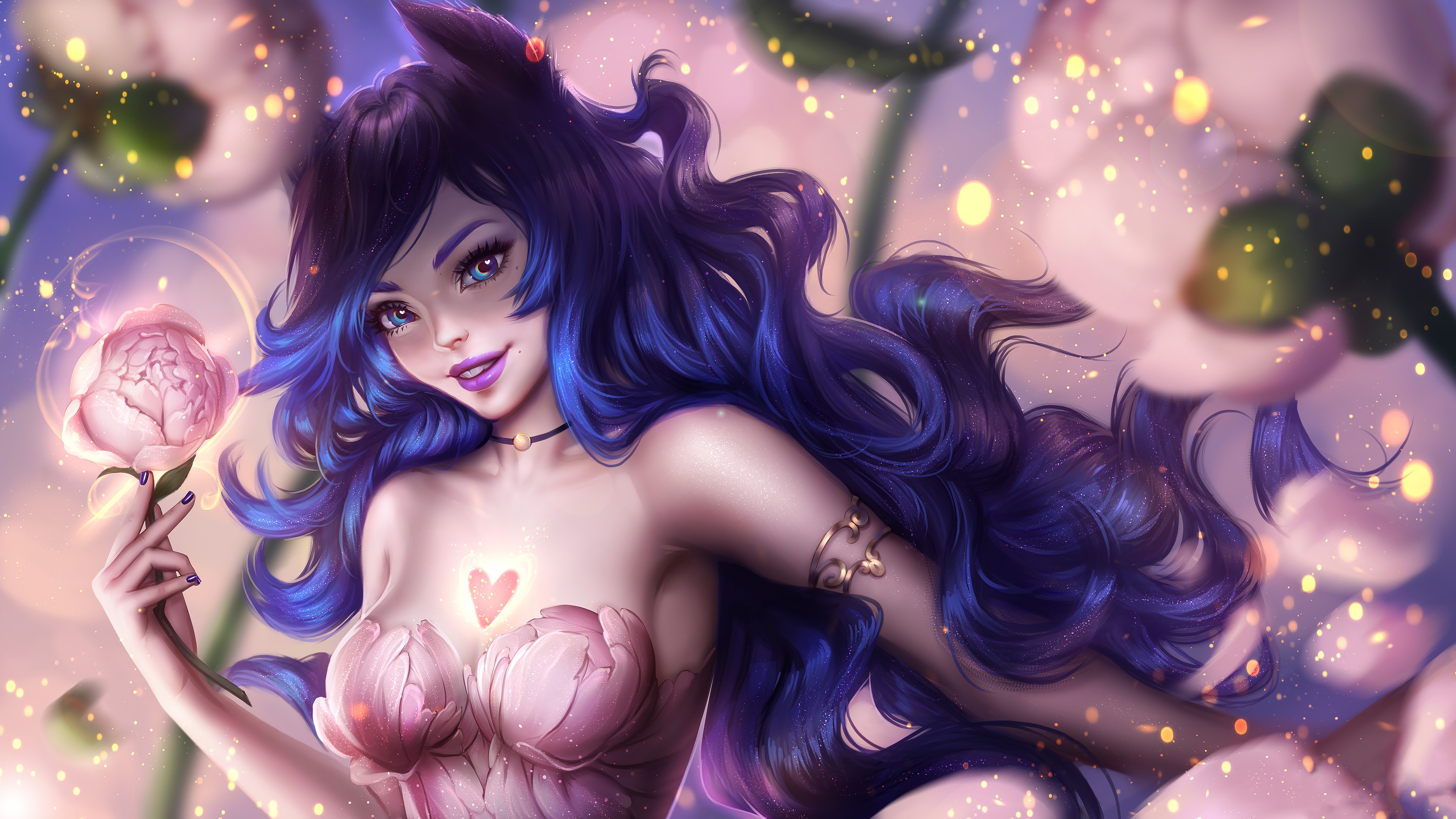 Fantasy art of a girl with purple hair and flowers HD Wallpaper