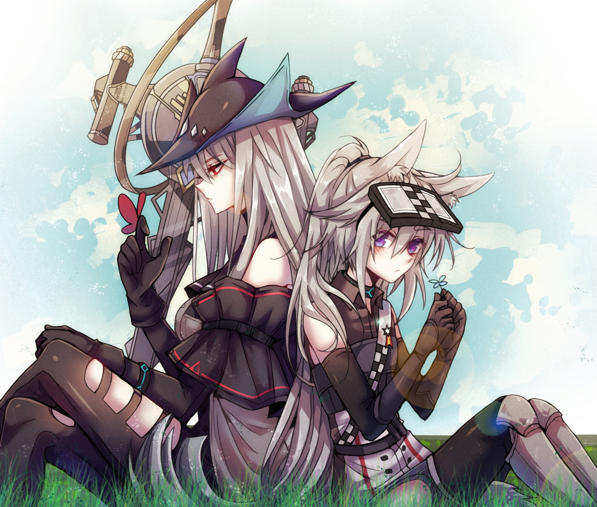 Two anime girls with animal ears sitting in grass HD Wallpaper