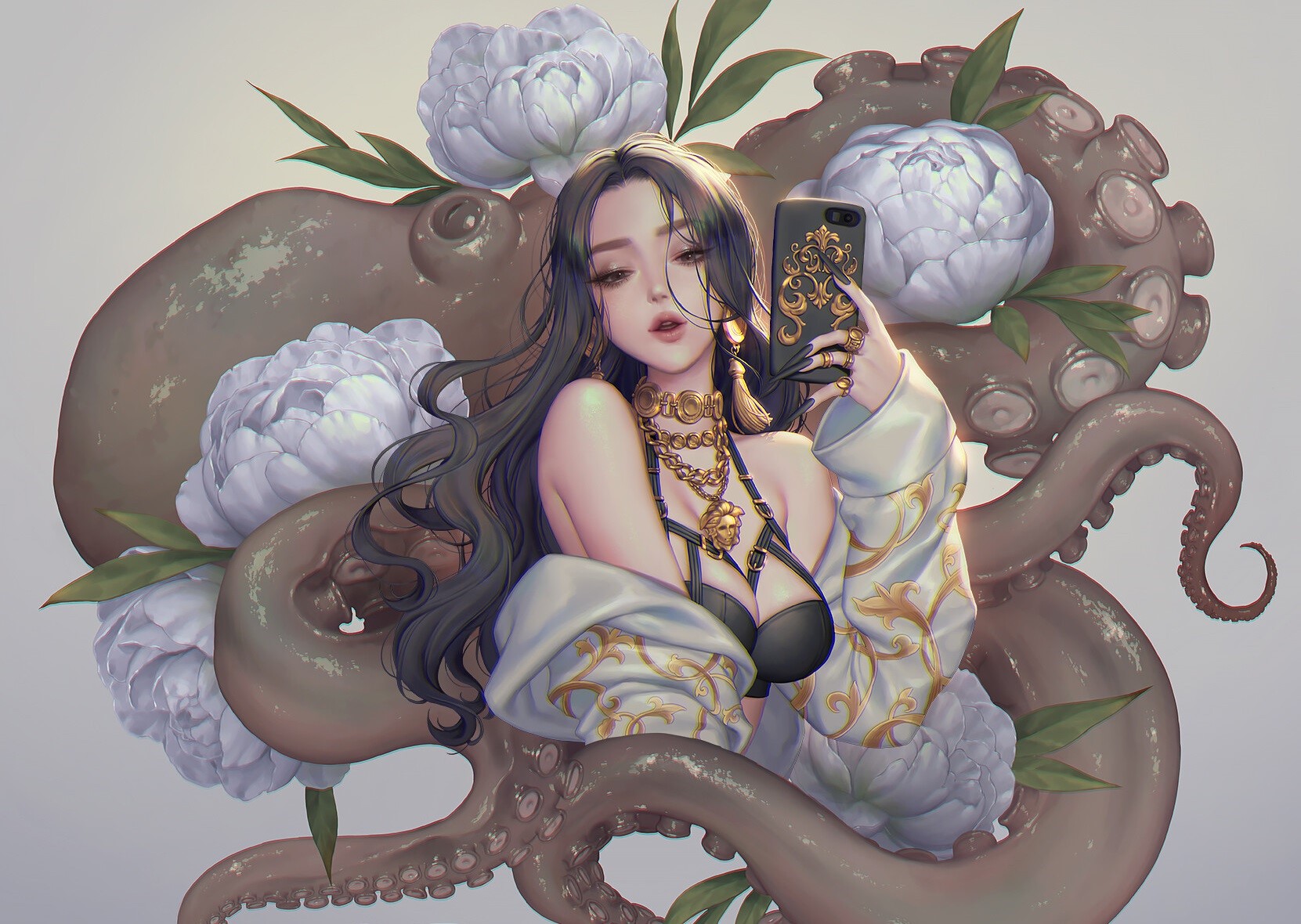 Woman with black hair and octopus tentacles and flowers HD Wallpaper
