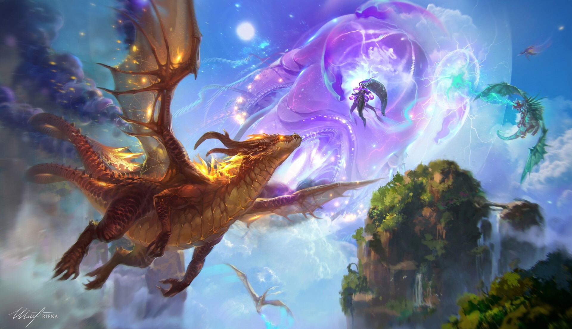 Dragons and a sorceress in a magical sky HD Wallpaper