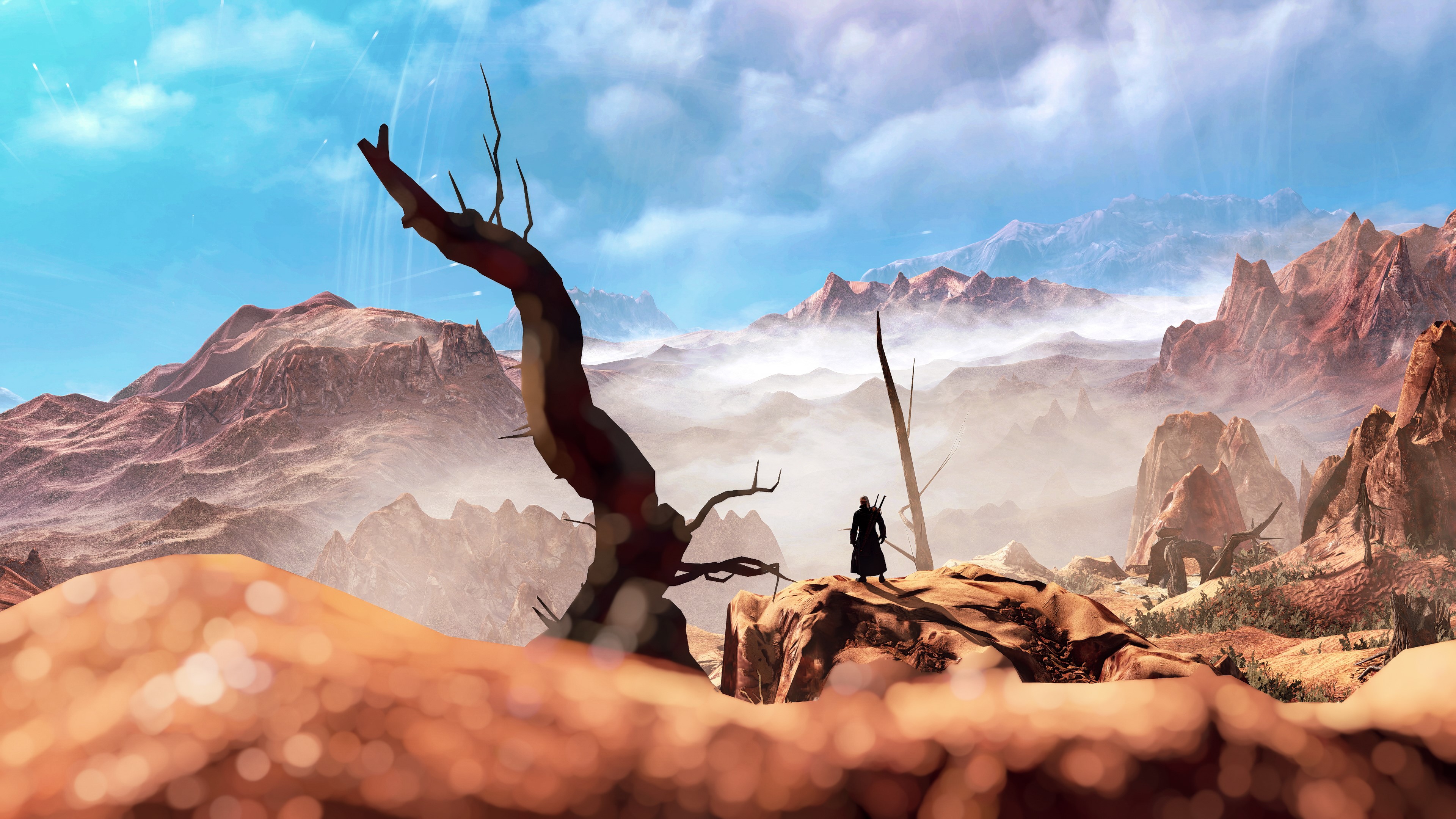 Geralt from The Witcher 3: Wild Hunt in a desert landscape HD Wallpaper
