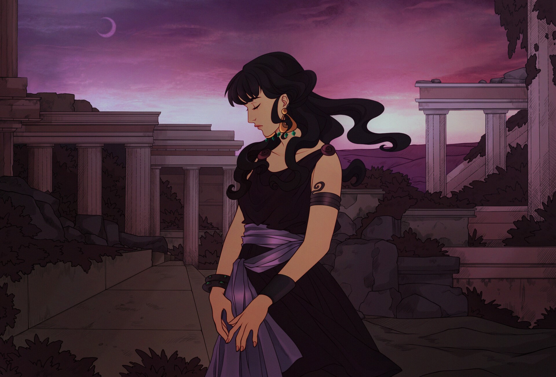 Woman in a dark dress in ancient ruins at dusk HD Wallpaper