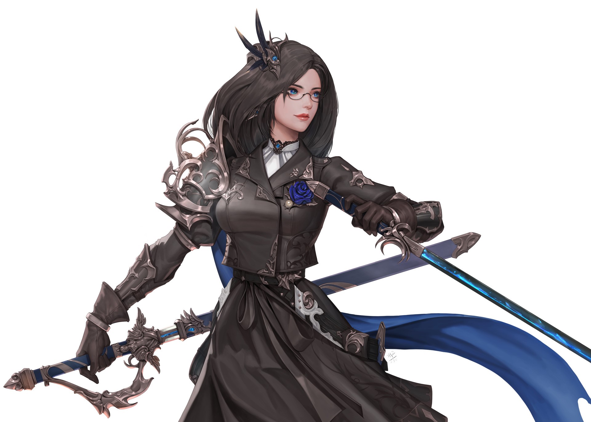 Fantasy woman with glasses and swords HD Wallpaper