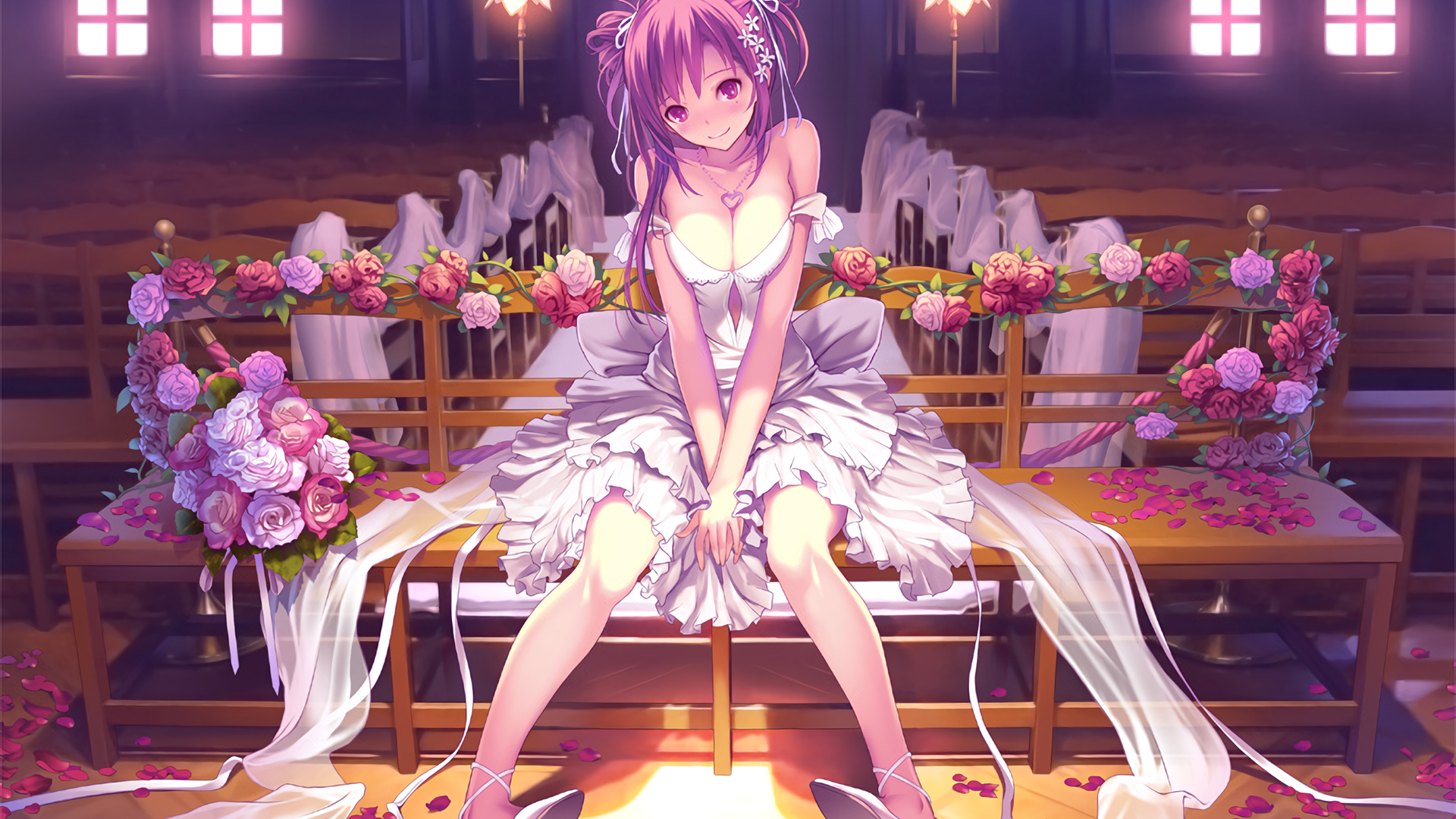 Anime girl in wedding dress with flowers HD Wallpaper