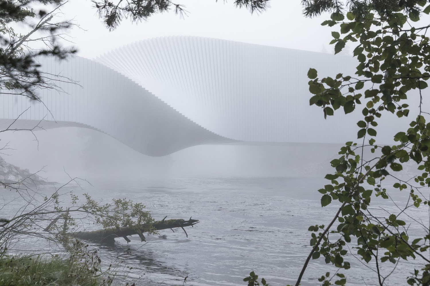 Modern architecture over a foggy river HD Wallpaper