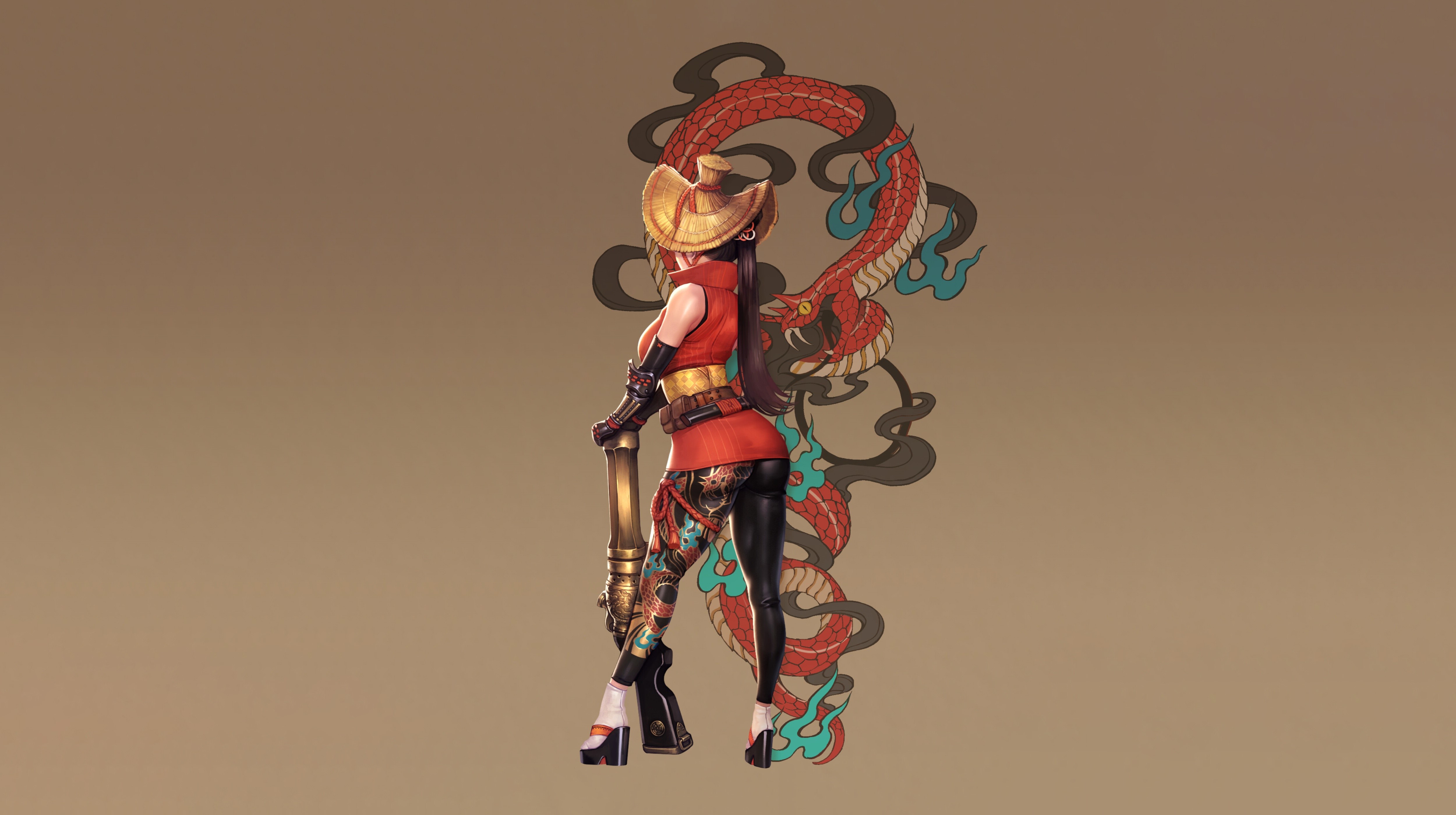 Fantasy girl with dragon tattoo and rifle HD Wallpaper