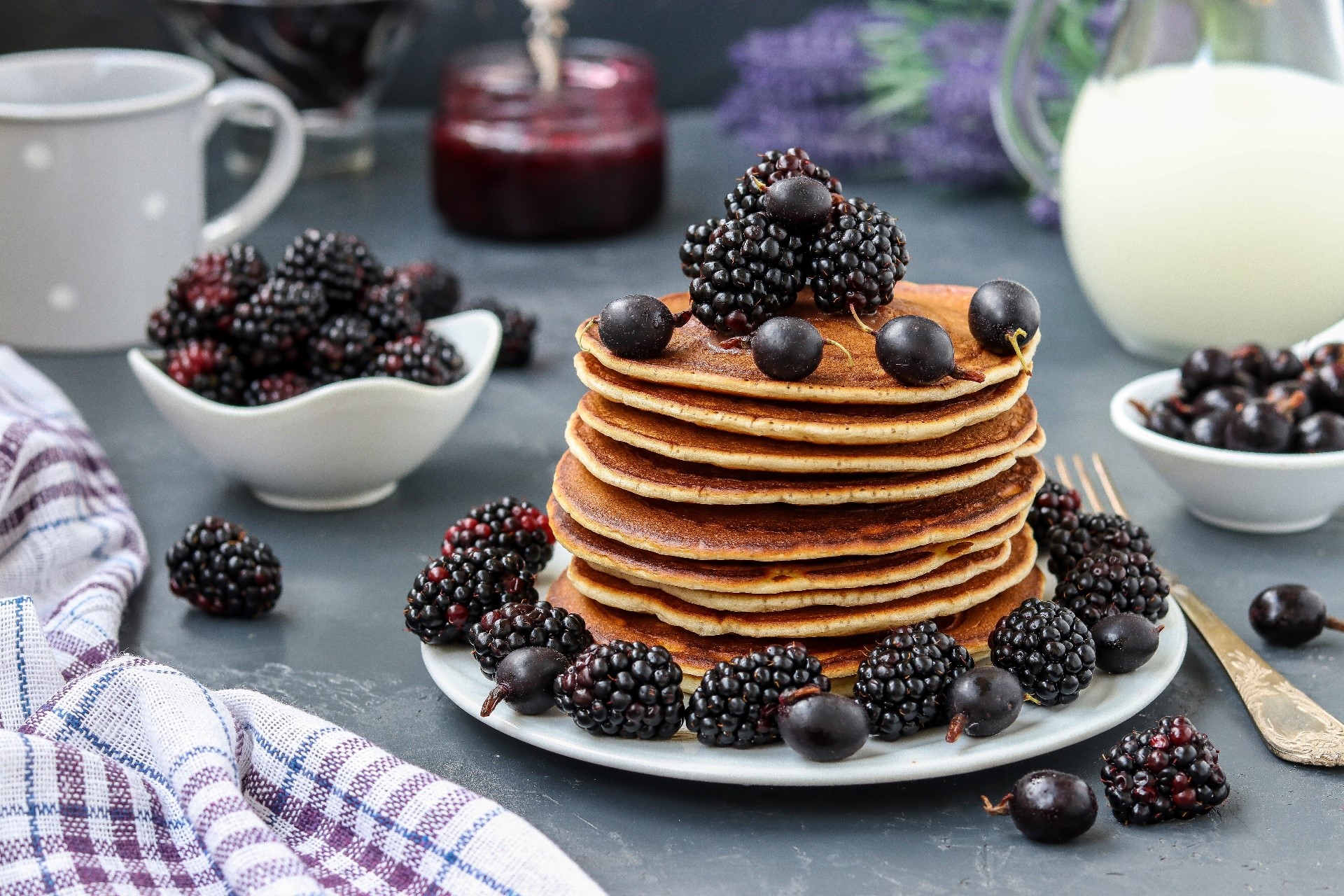 Stack of pancakes with blackberries and gooseberries HD Wallpaper