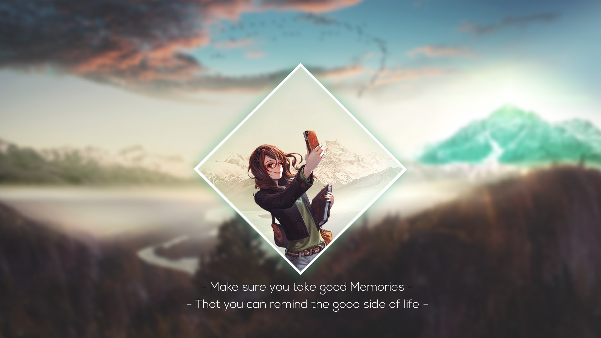 Anime girl taking a selfie in mountains with quote HD Wallpaper