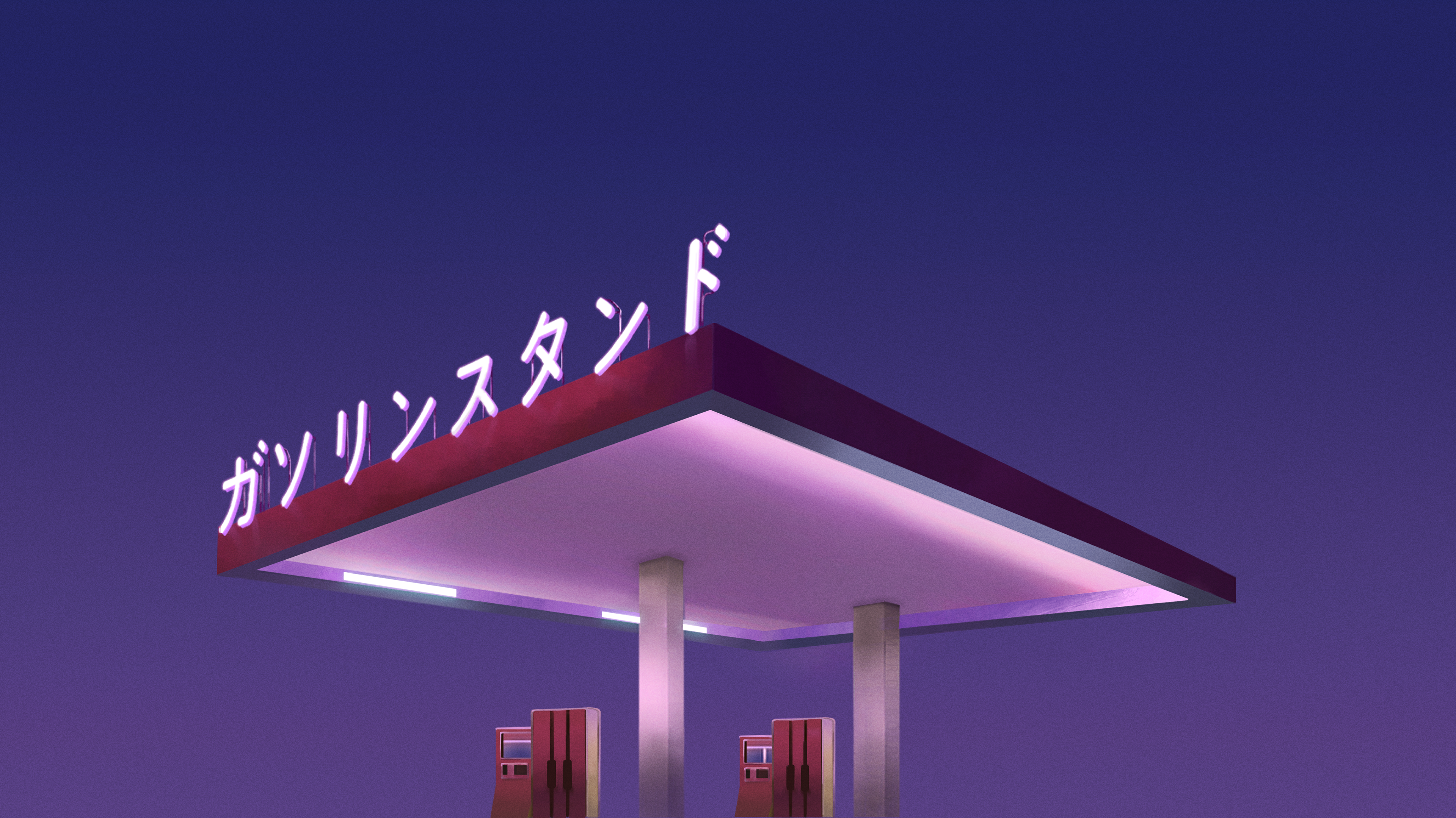 Gas station with Japanese neon sign HD Wallpaper