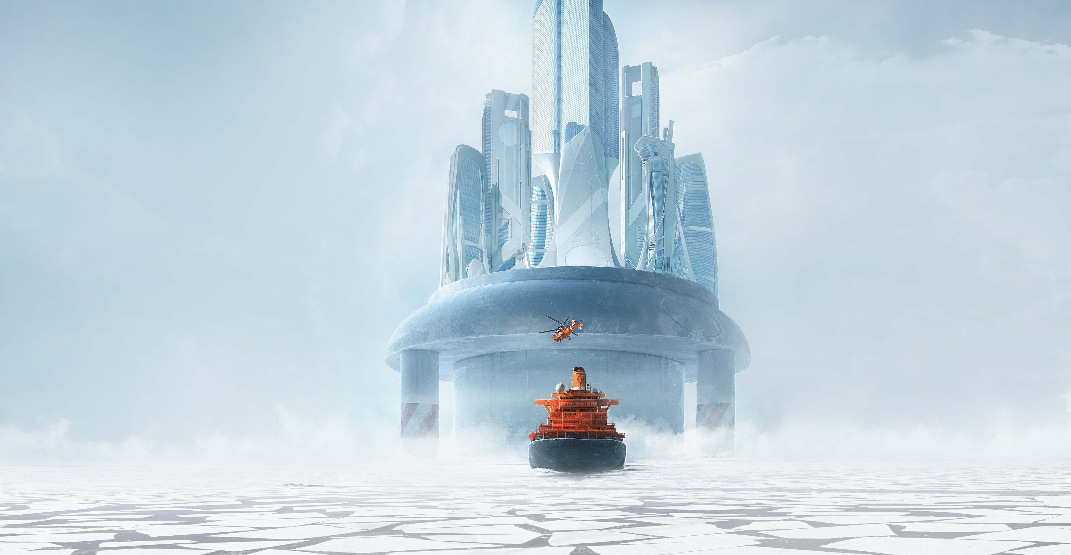 Icebreaker ship and helicopter near futuristic city in ice HD Wallpaper