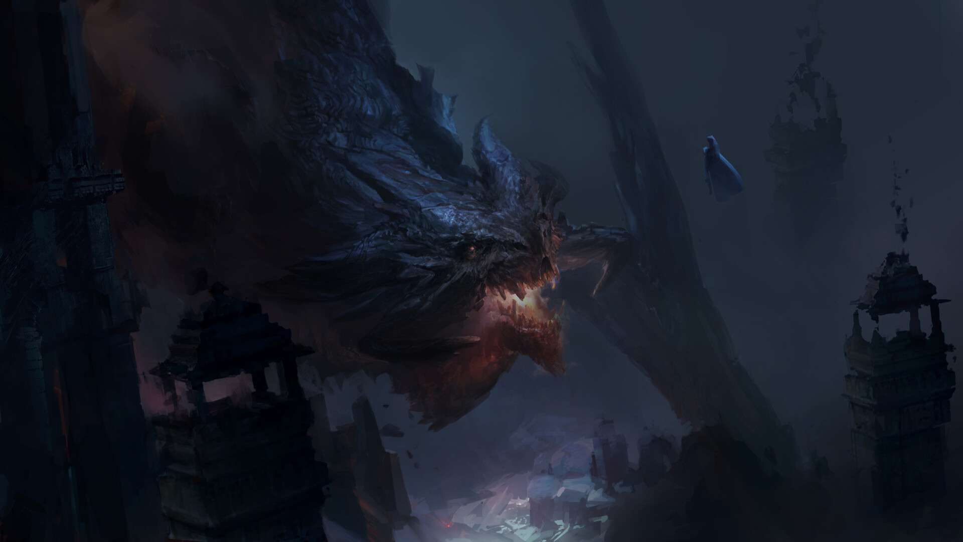 Fantasy Dragon in a Dark Ruined Landscape HD Wallpaper