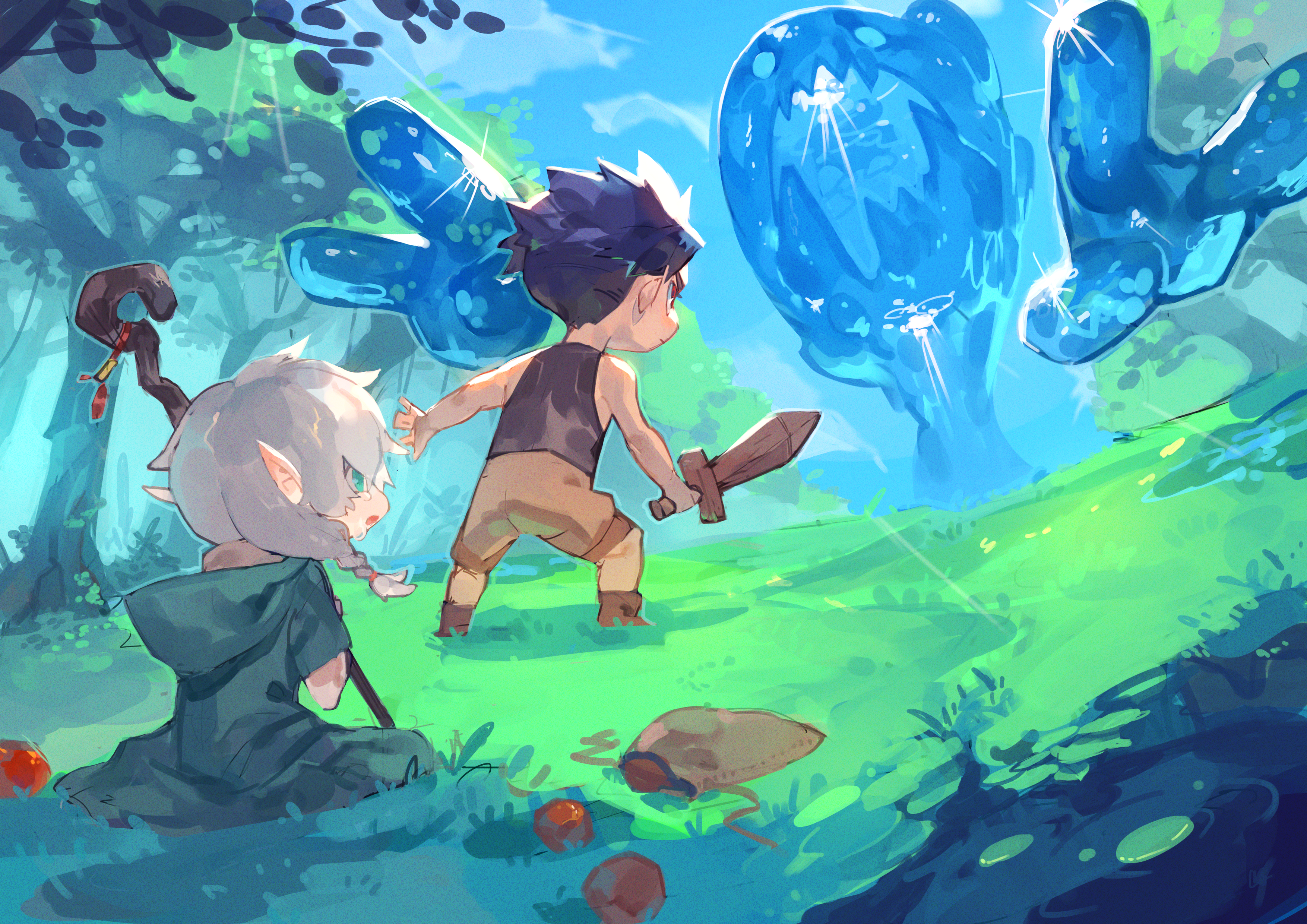 Elf and boy fight blue slimes in a forest HD Wallpaper