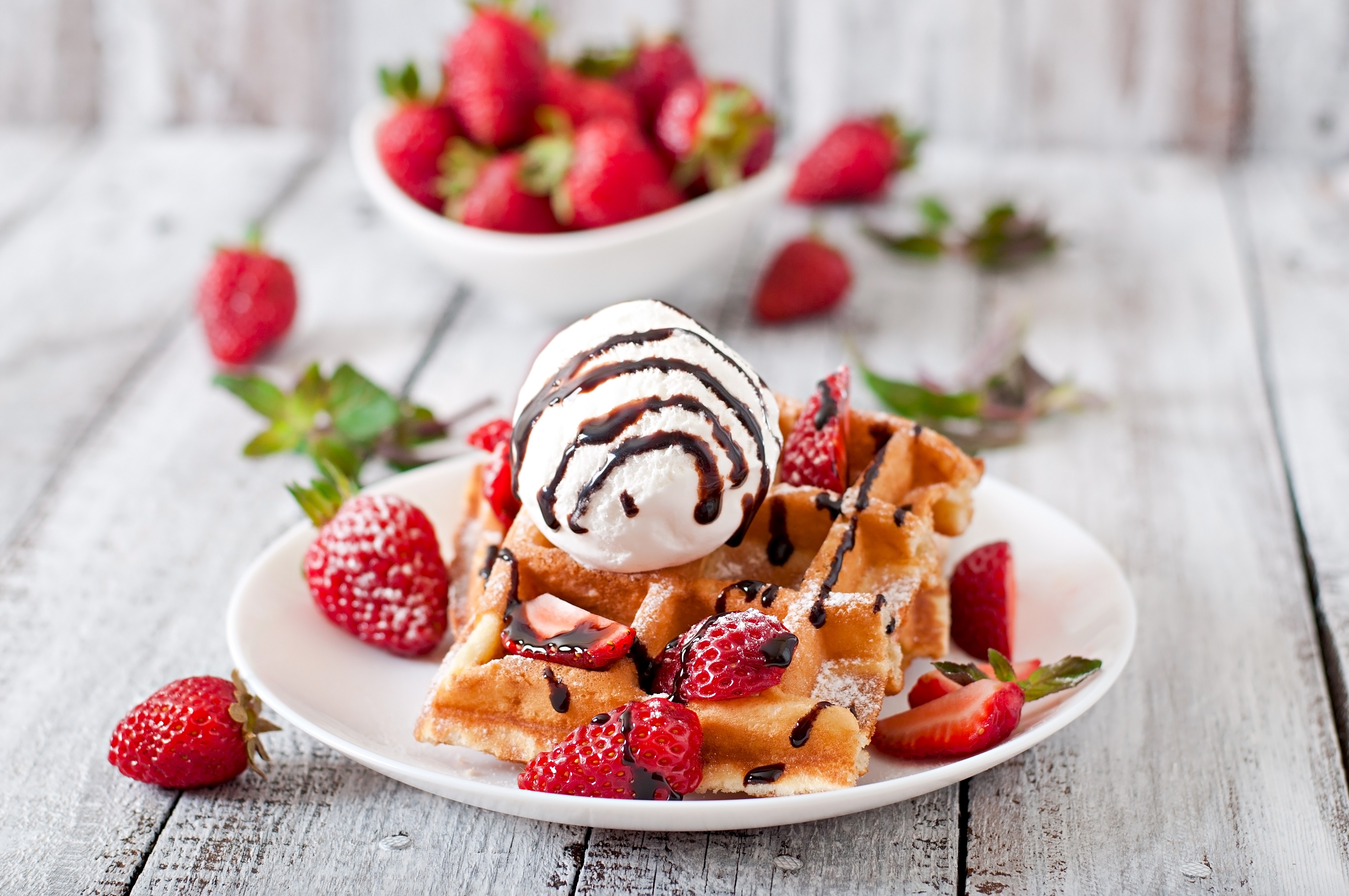 Waffle with Ice Cream and Strawberries 4K HD Wallpaper