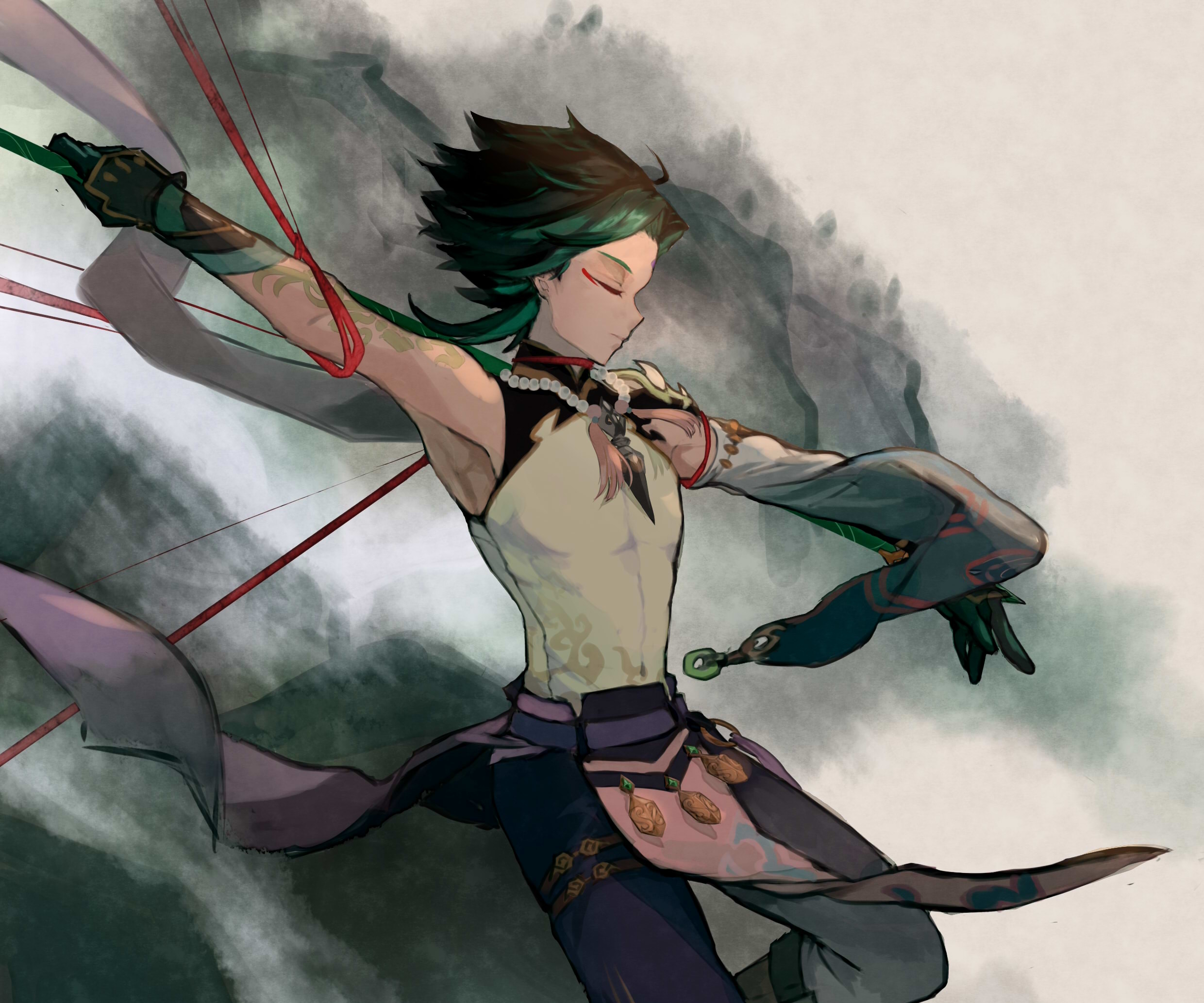 Xiao drawing his bow with red ribbons HD Wallpaper