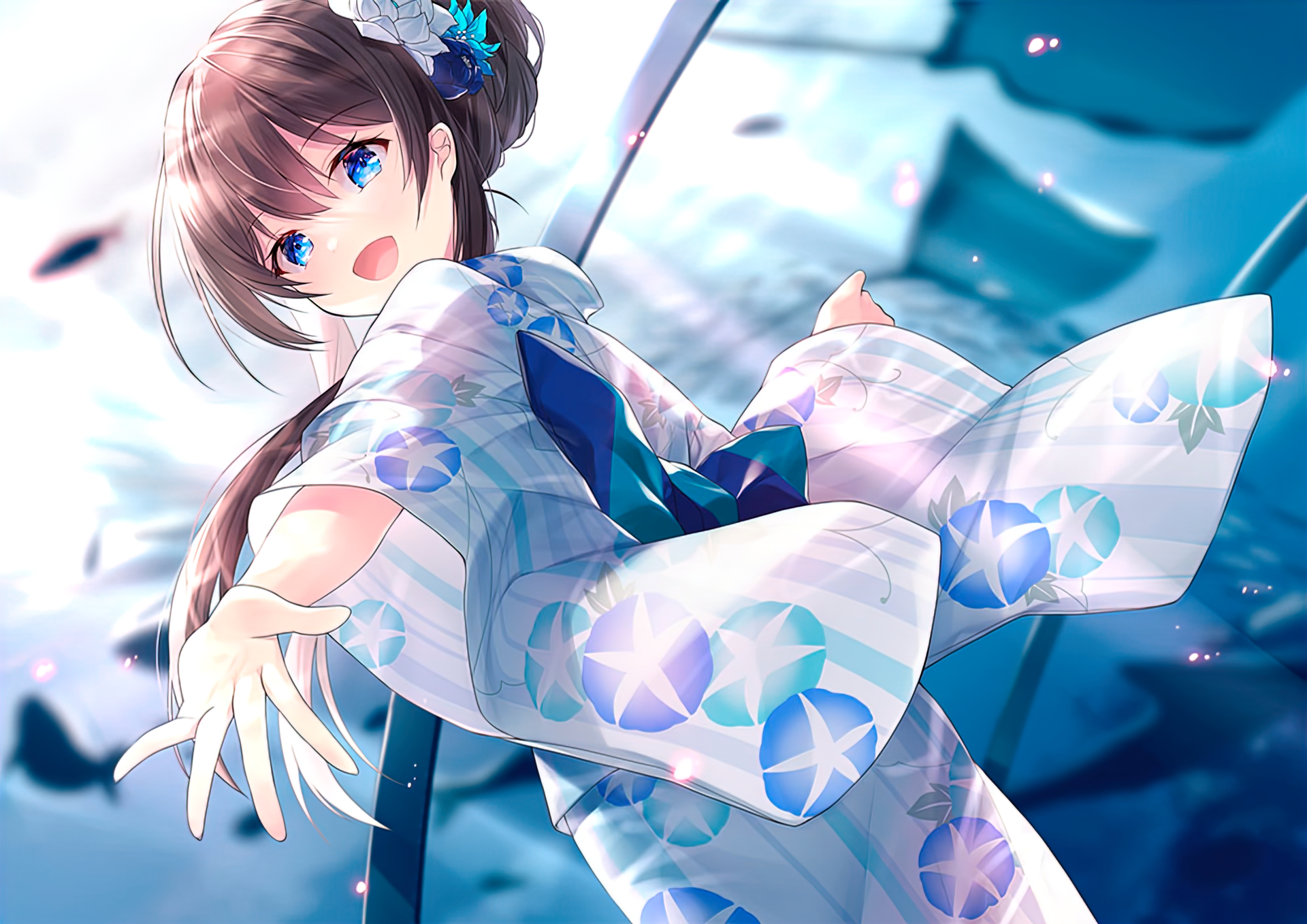 Girl in a white and blue yukata with morning glory pattern HD Wallpaper
