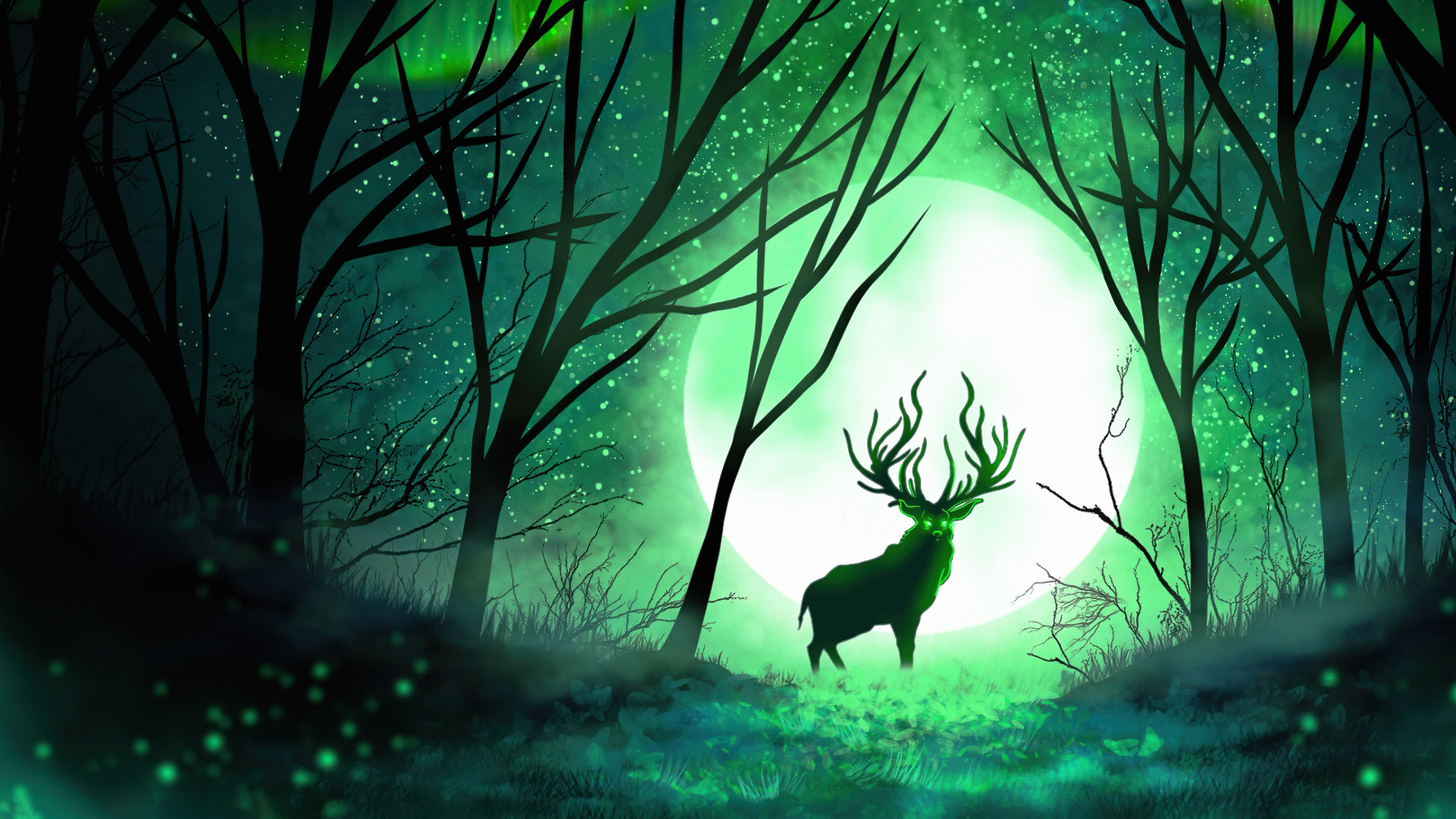 Deer in a mystical forest under the moon HD Wallpaper
