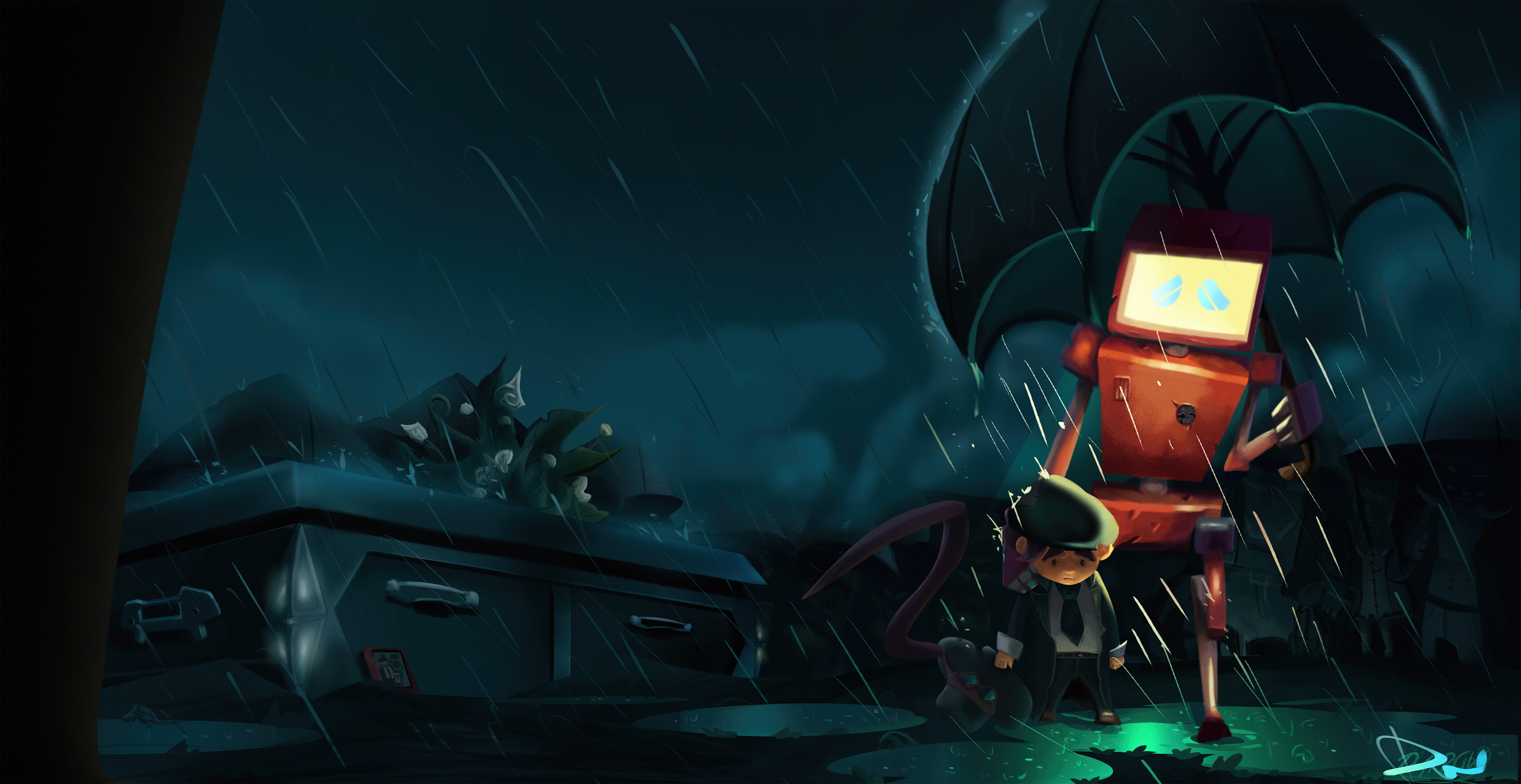 Sci Fi Robot and Child in Rain HD Wallpaper