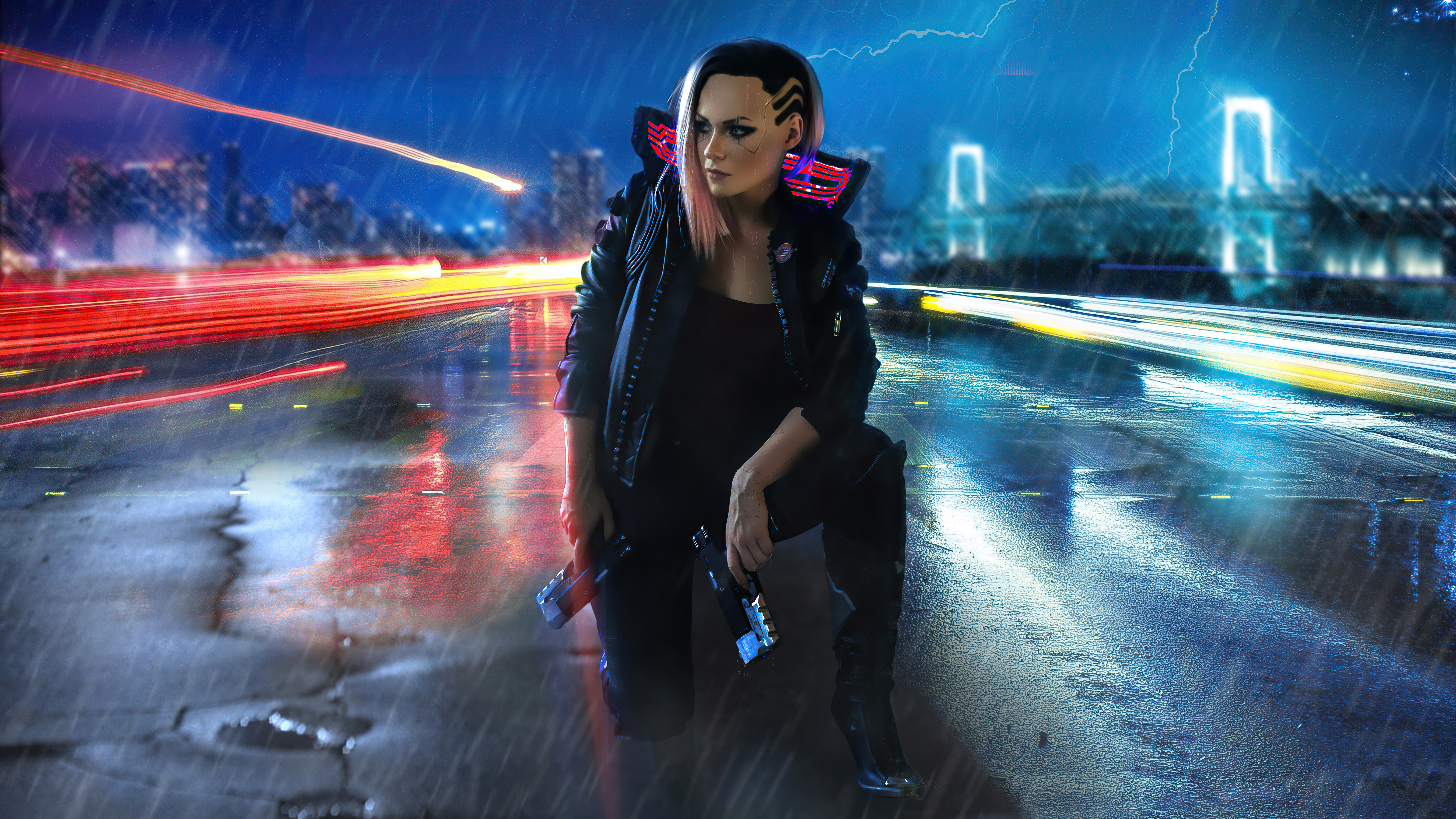 Cyberpunk woman with guns in rainy city HD Wallpaper