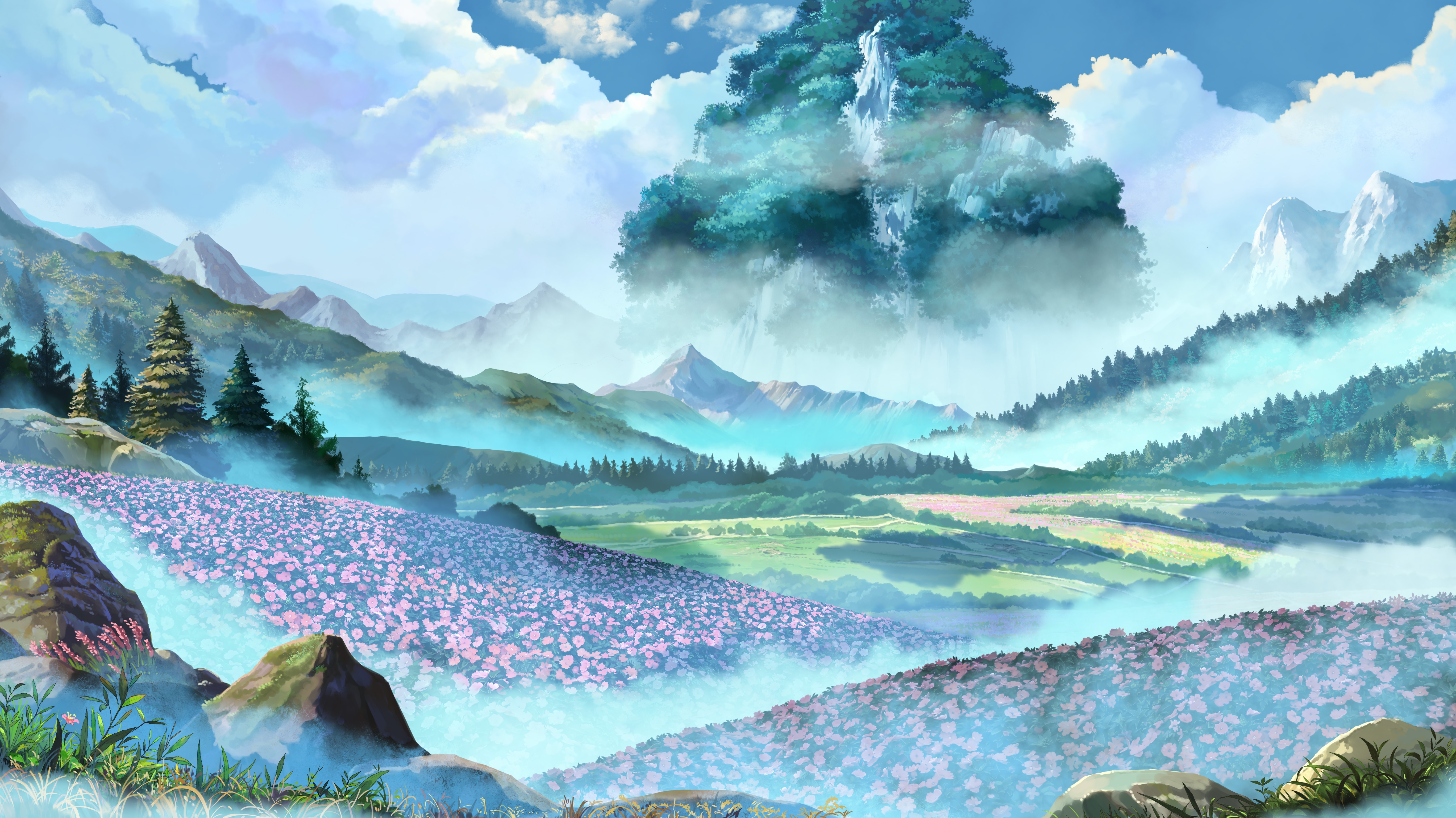 Landscape with Flowers and Mountains 4K HD Wallpaper