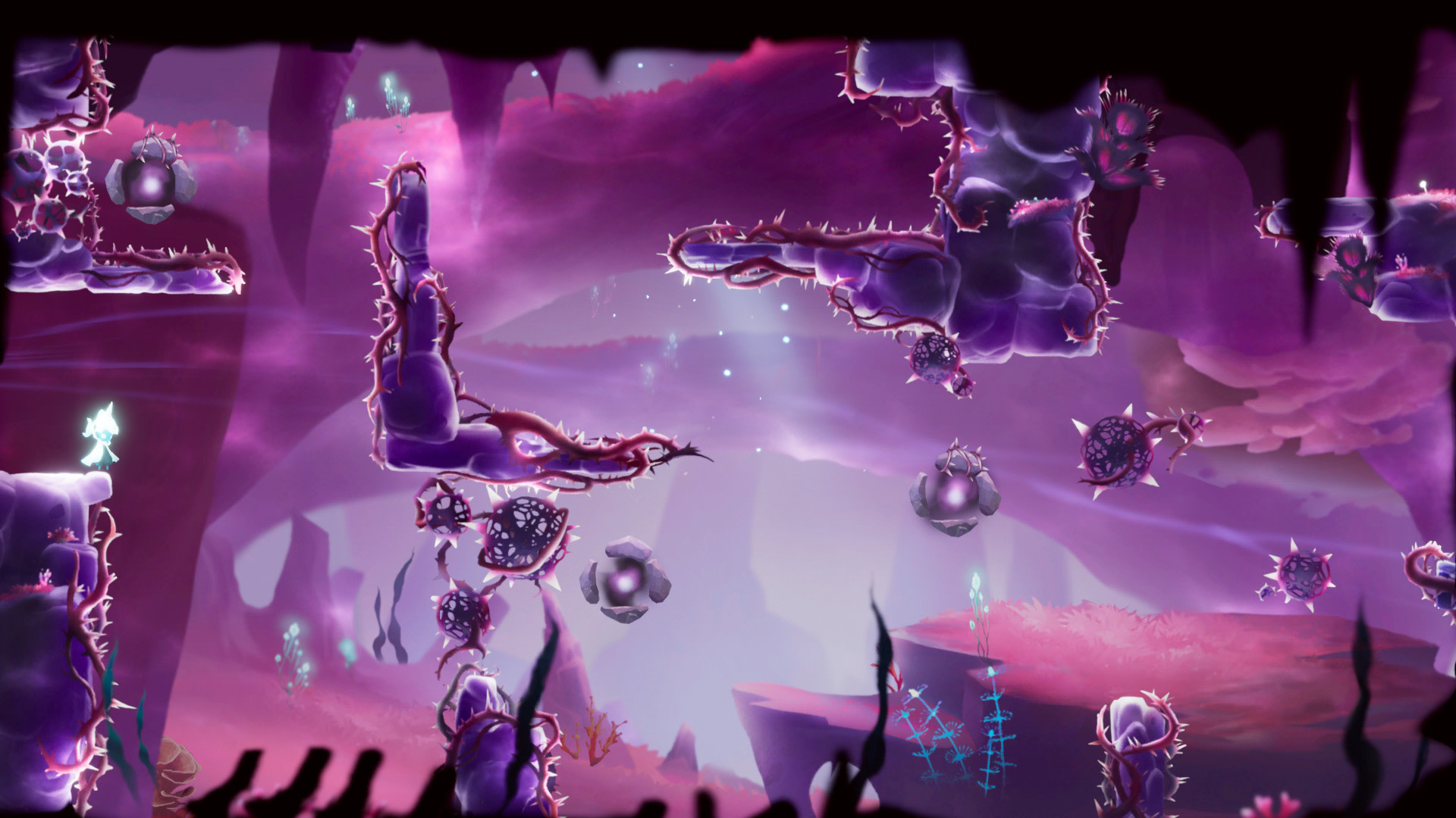 Lumione in a purple cave with glowing plants HD Wallpaper