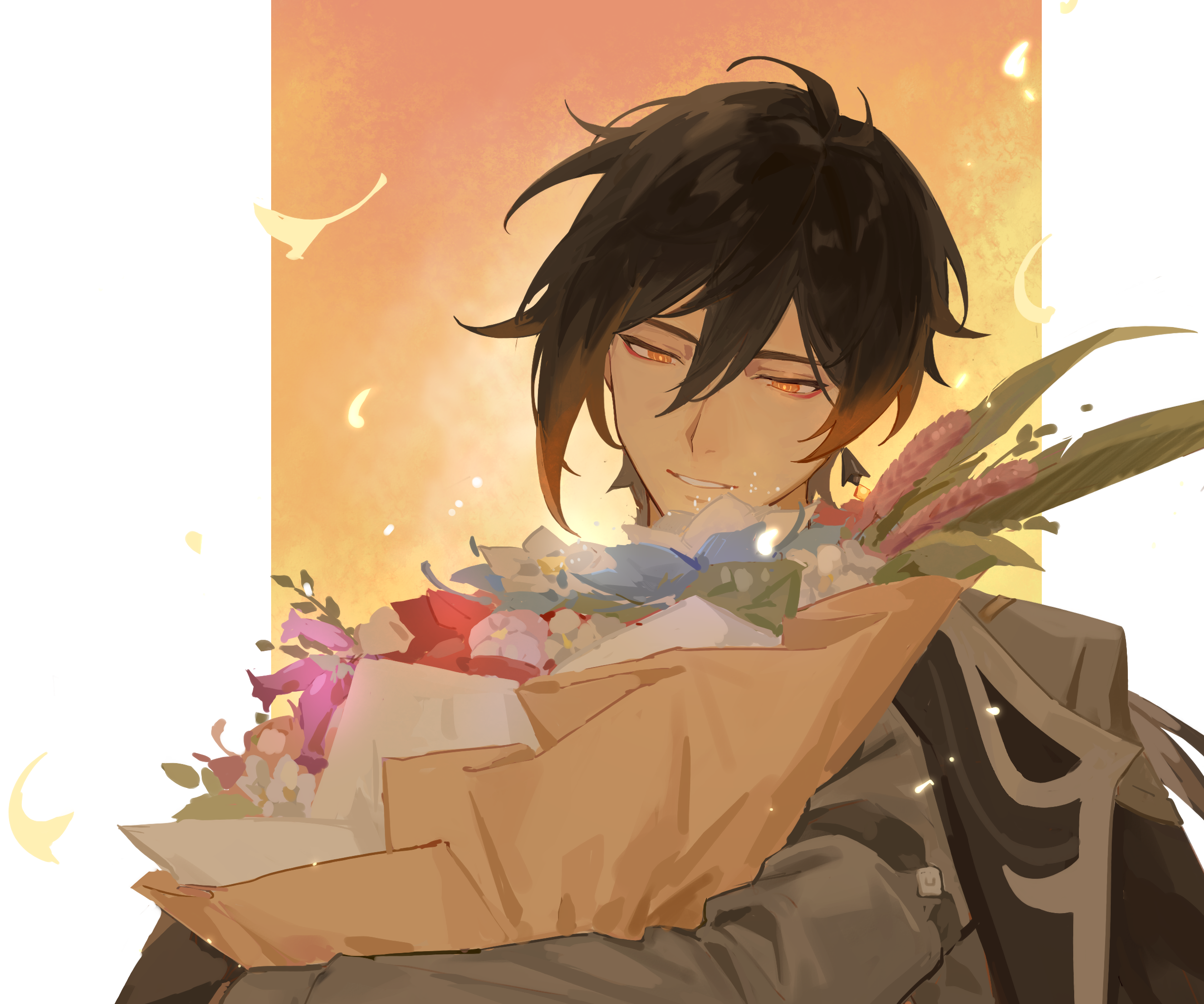 Zhongli holding a bouquet of flowers HD Wallpaper