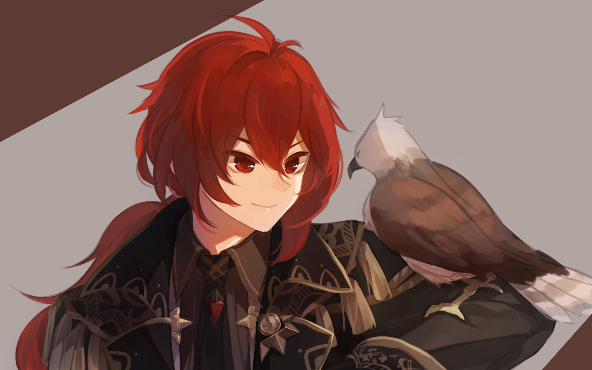 Diluc with a bird from Genshin Impact HD Wallpaper