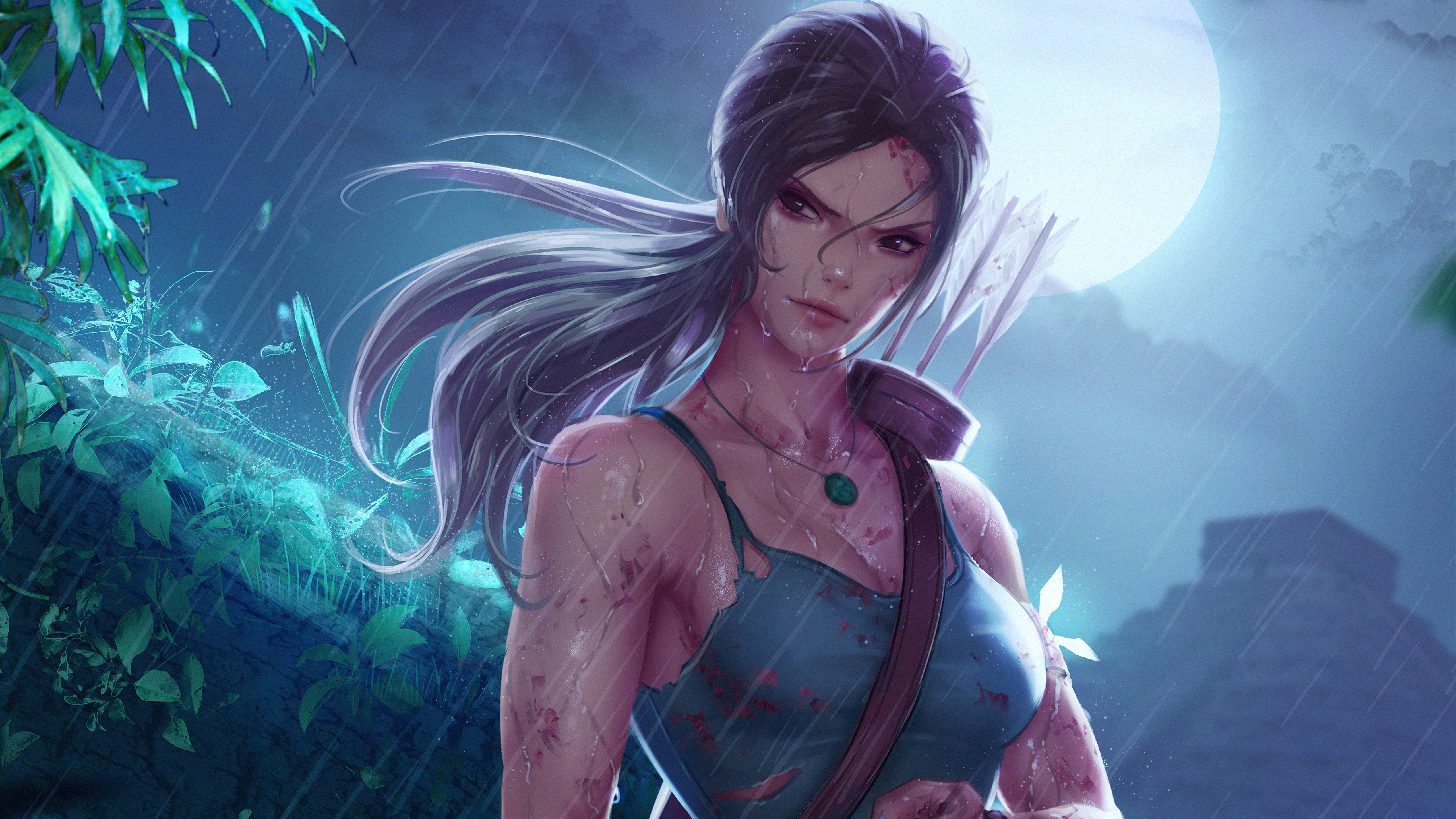 Lara Croft in the rain with a Mayan pyramid HD Wallpaper