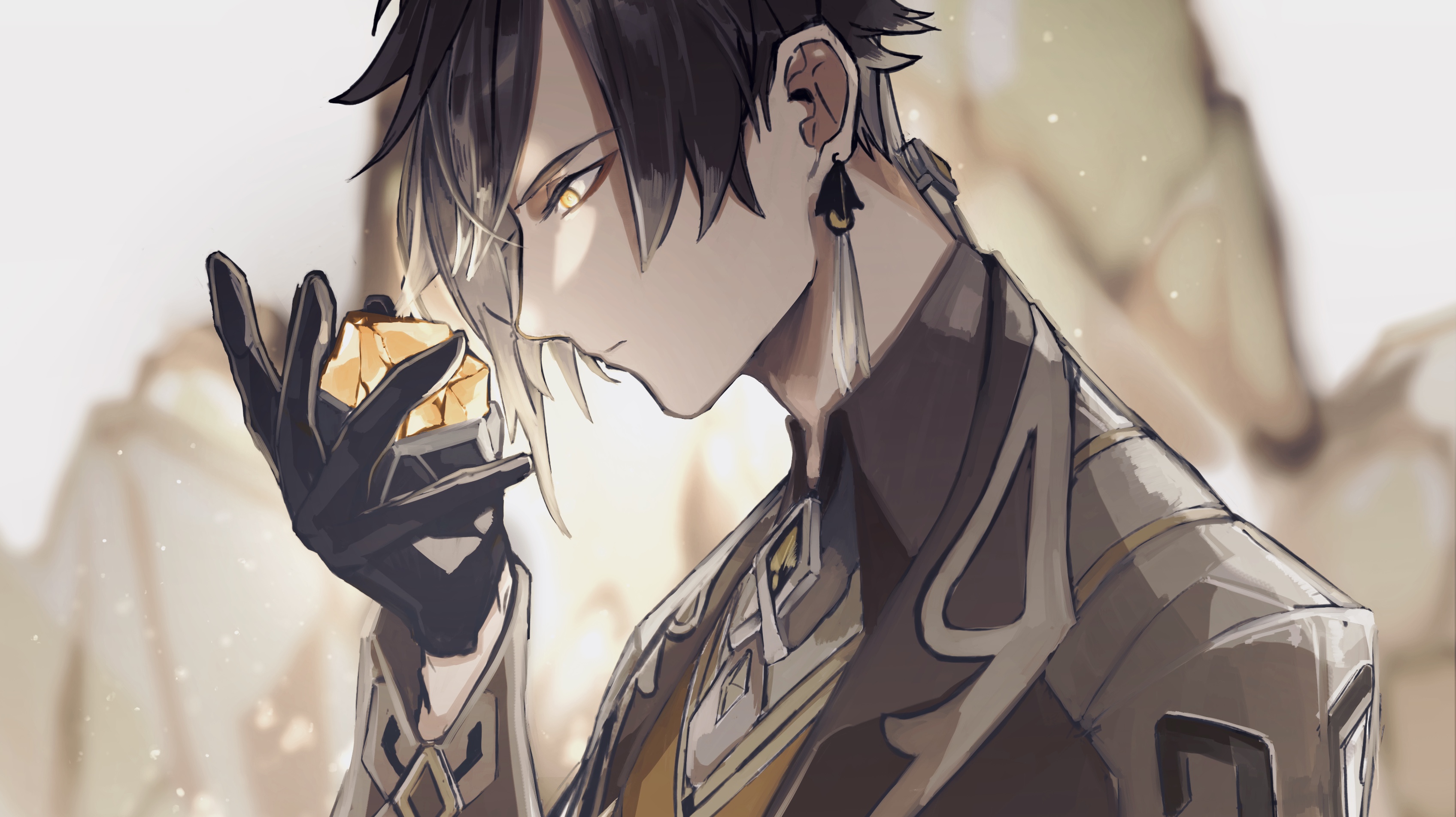 Zhongli from Genshin Impact holding a Geo crystal HD Wallpaper