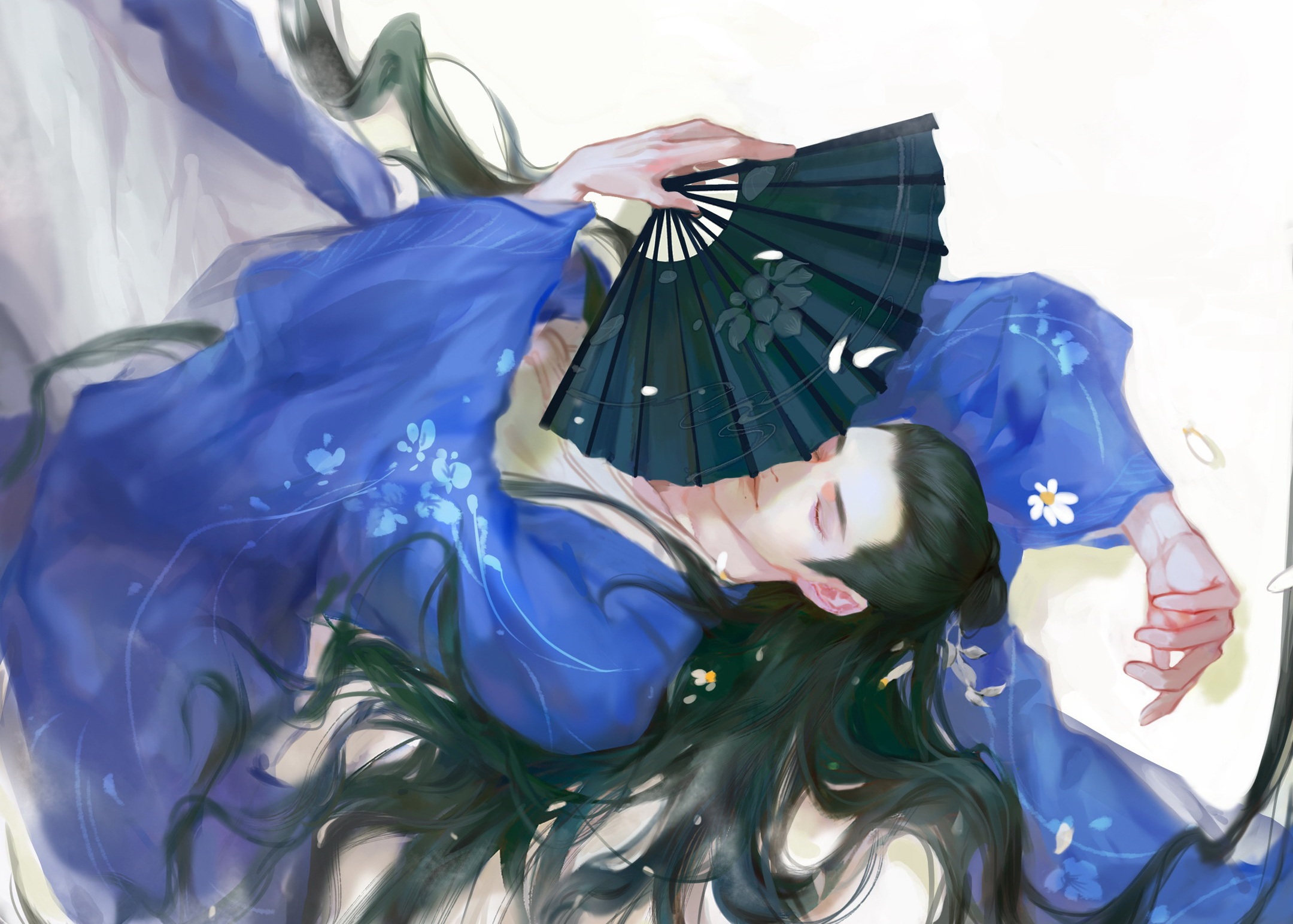 Xiao Zhan in blue robes holding a fan HD Wallpaper