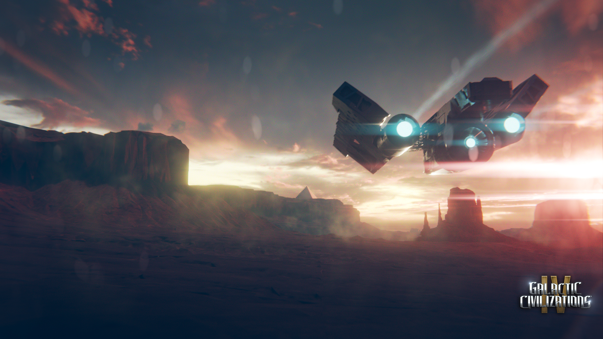 Galactic Civilizations IV spaceship over alien landscape HD Wallpaper