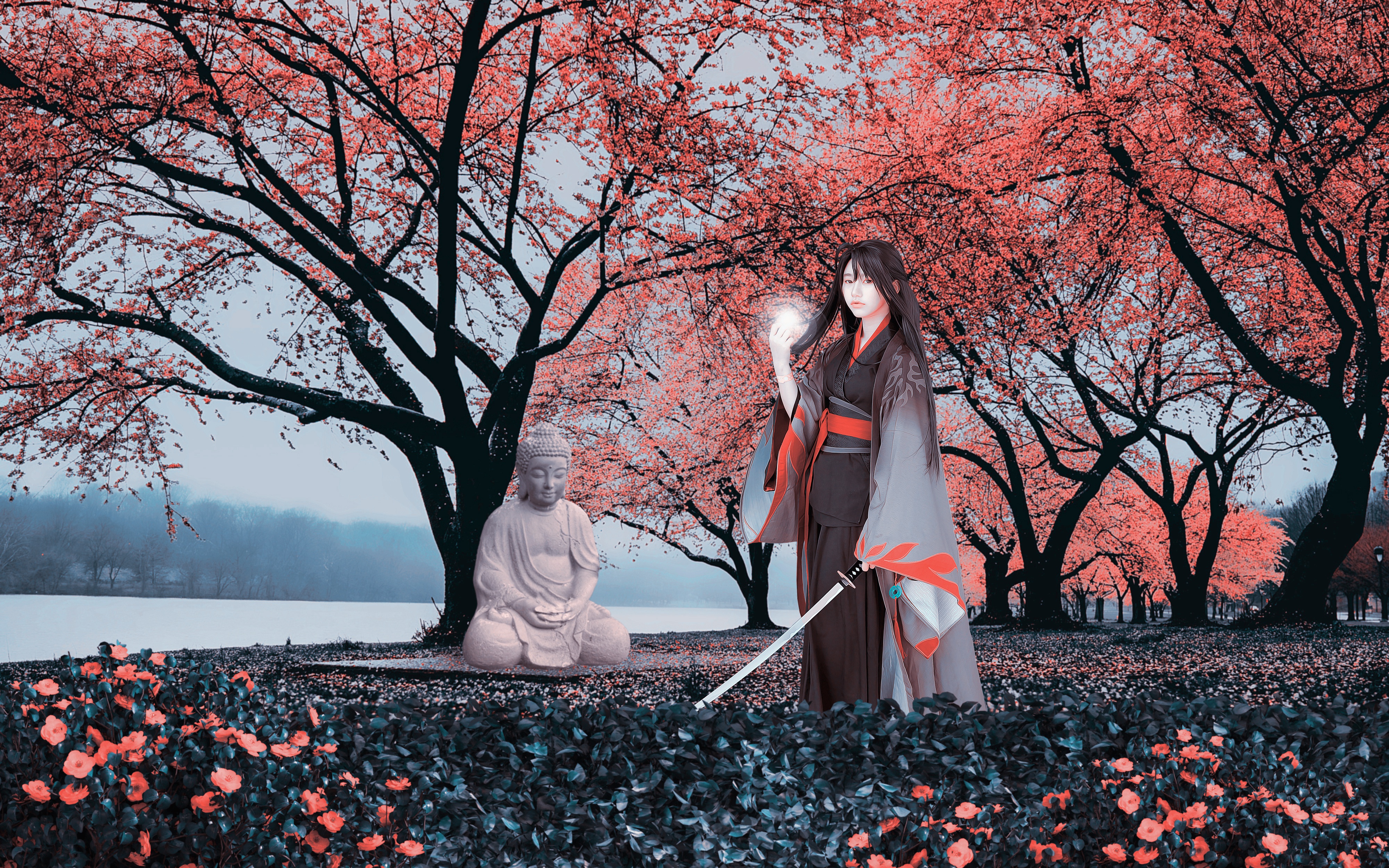 Fantasy Woman Warrior with Buddha Statue 4K HD Wallpaper