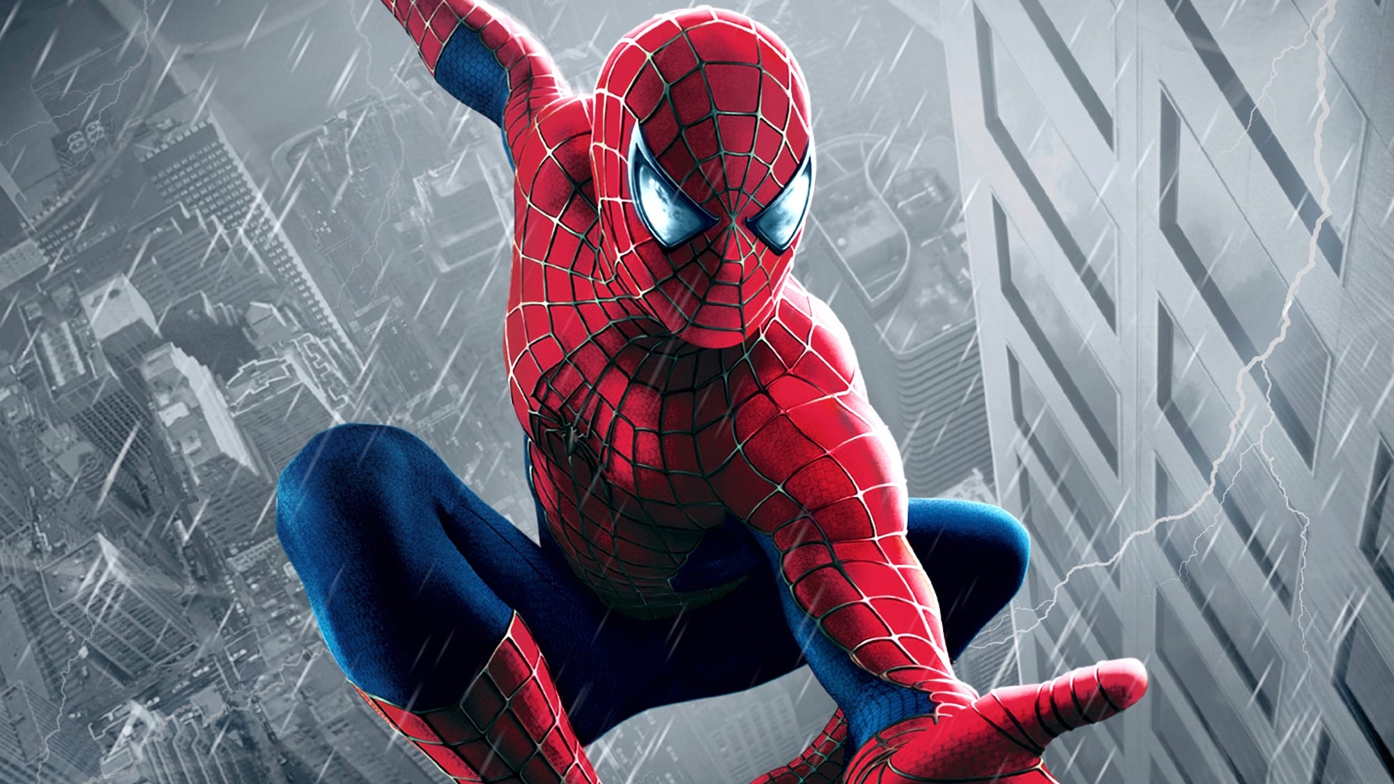 Spider-Man in a city during a storm HD Wallpaper