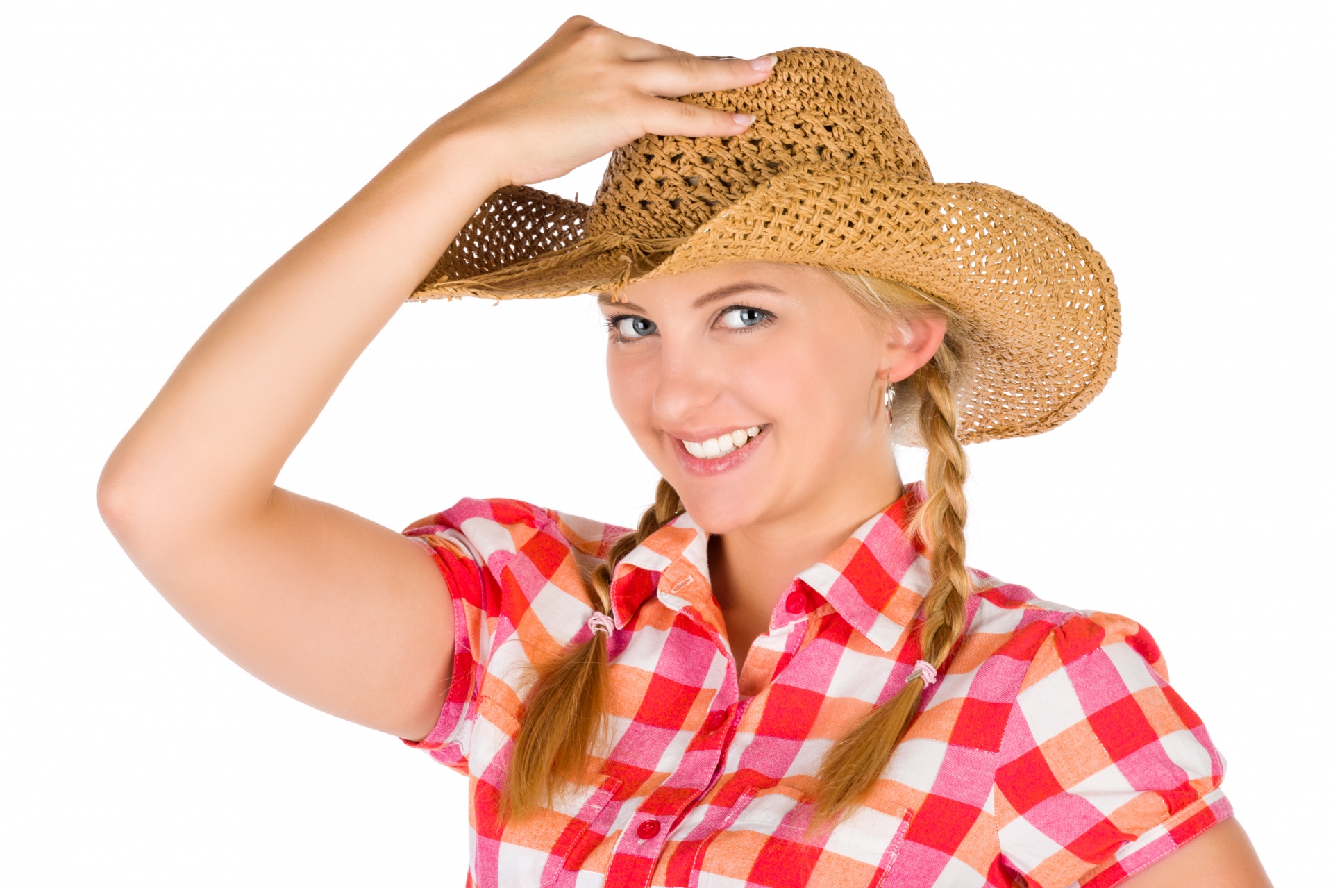 Woman in a straw cowboy hat and plaid shirt HD Wallpaper