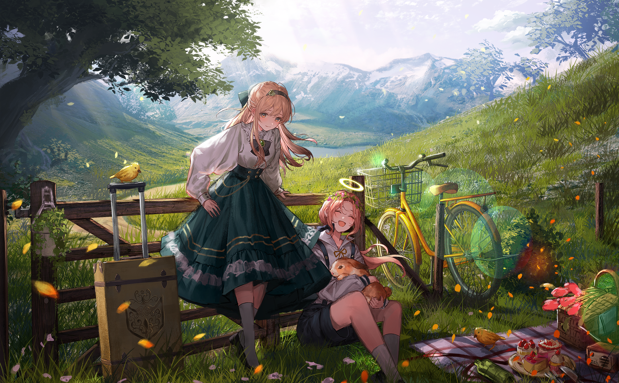 Two girls and a bicycle in a sunny meadow HD Wallpaper