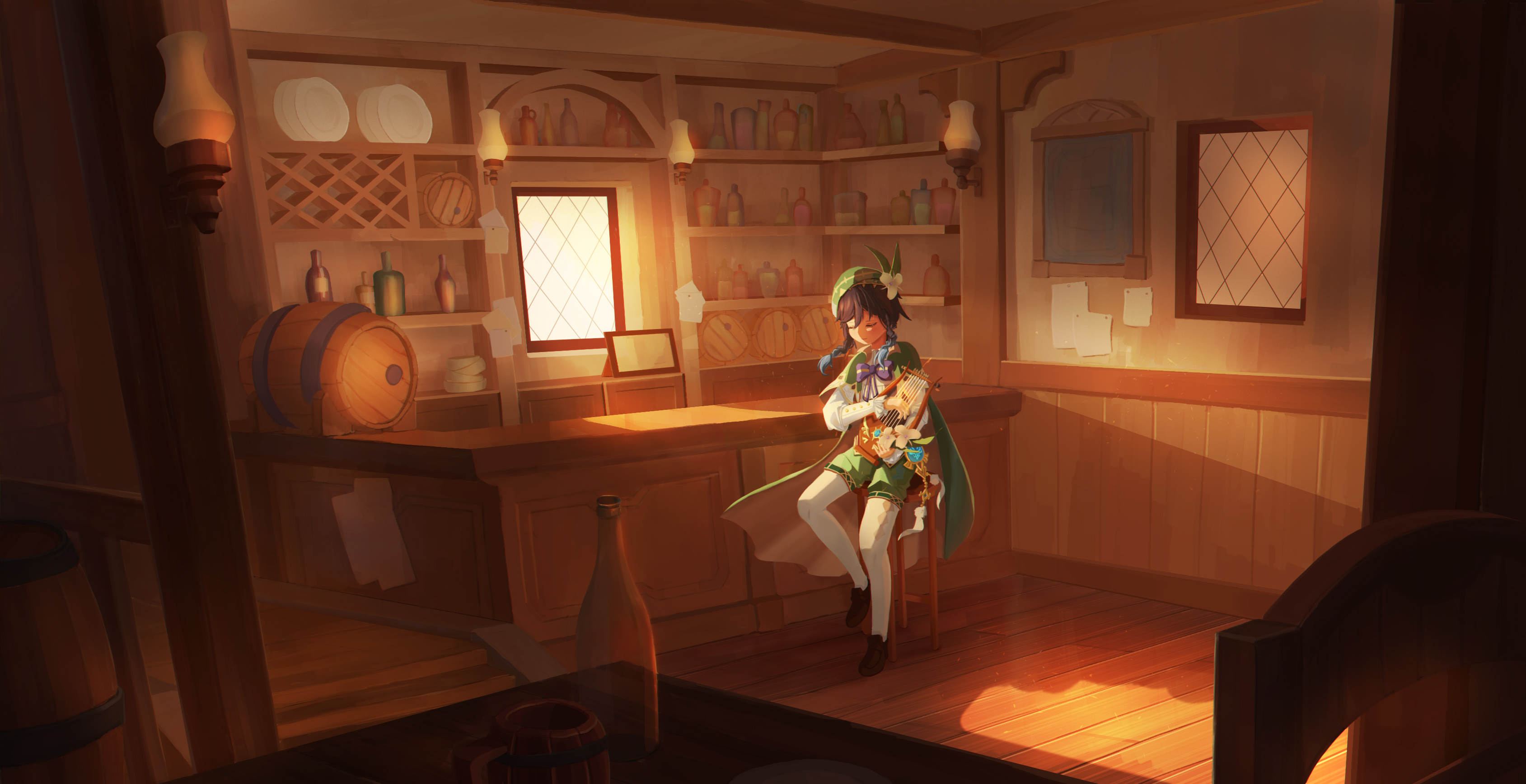 Venti sitting at a bar with a doll HD Wallpaper