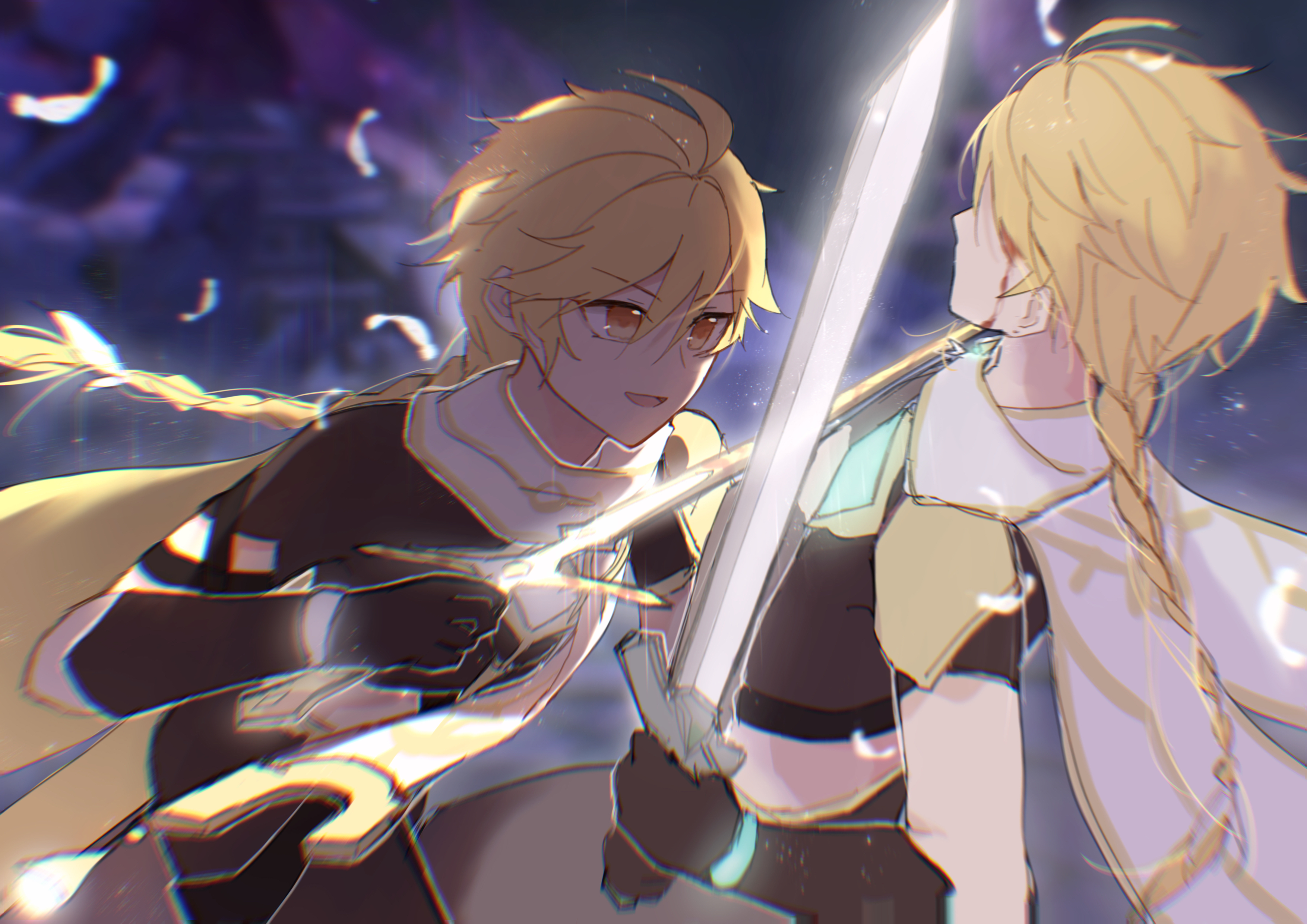 Aether Engaged in Intense Genshin Impact Duel HD Wallpaper