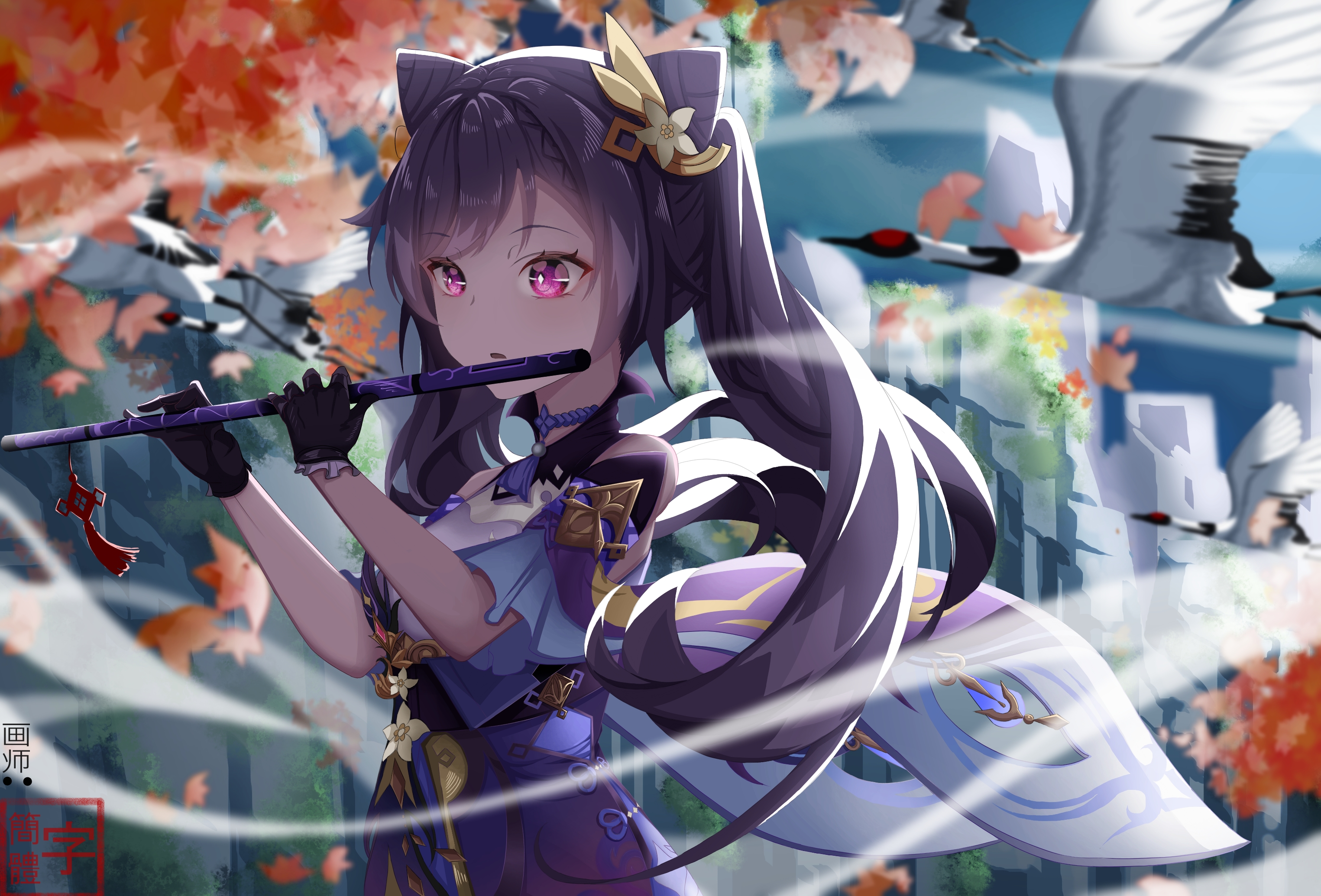 Keqing (Genshin Impact) playing a flute with cranes flying HD Wallpaper