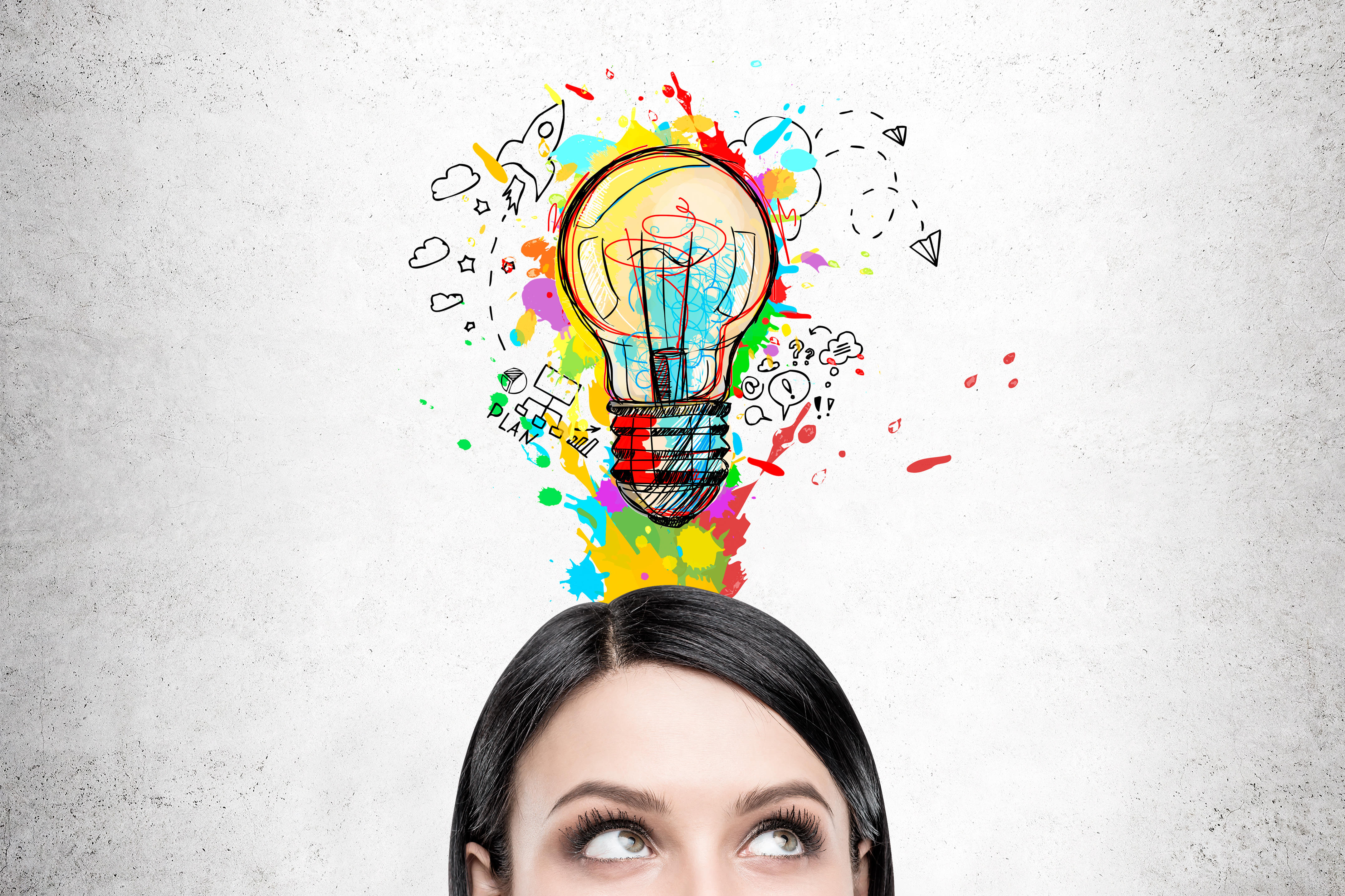 Woman with Colorful Idea Lightbulb and Symbols HD Wallpaper