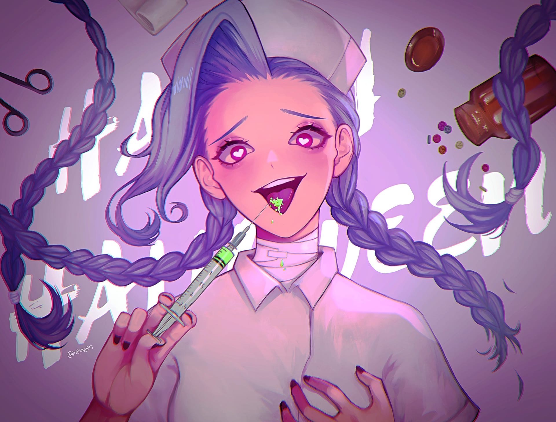 Jinx from League of Legends as a nurse with a syringe HD Wallpaper