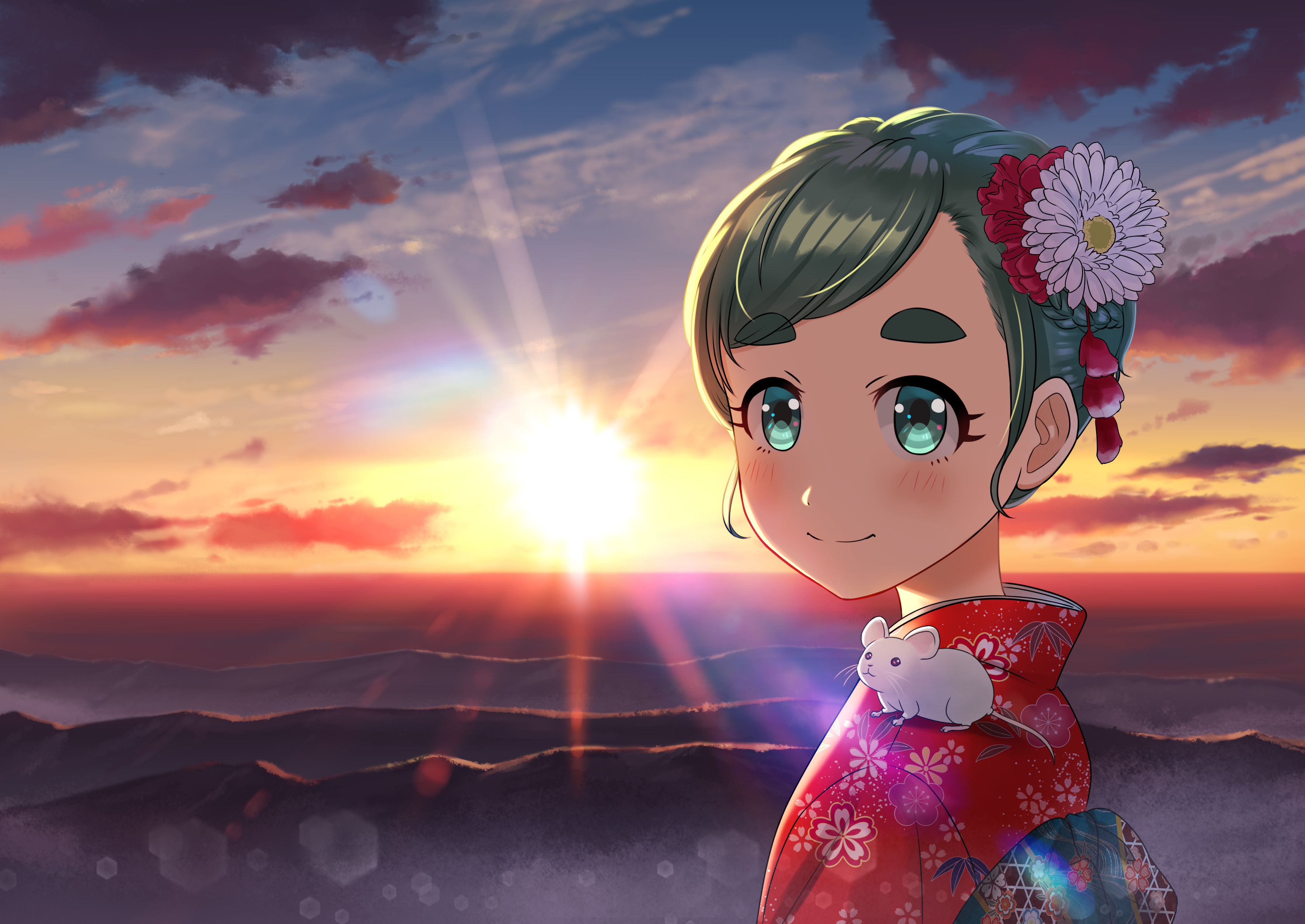 Futomayu-chan in a Kimono with a Mouse at Sunrise HD Wallpaper