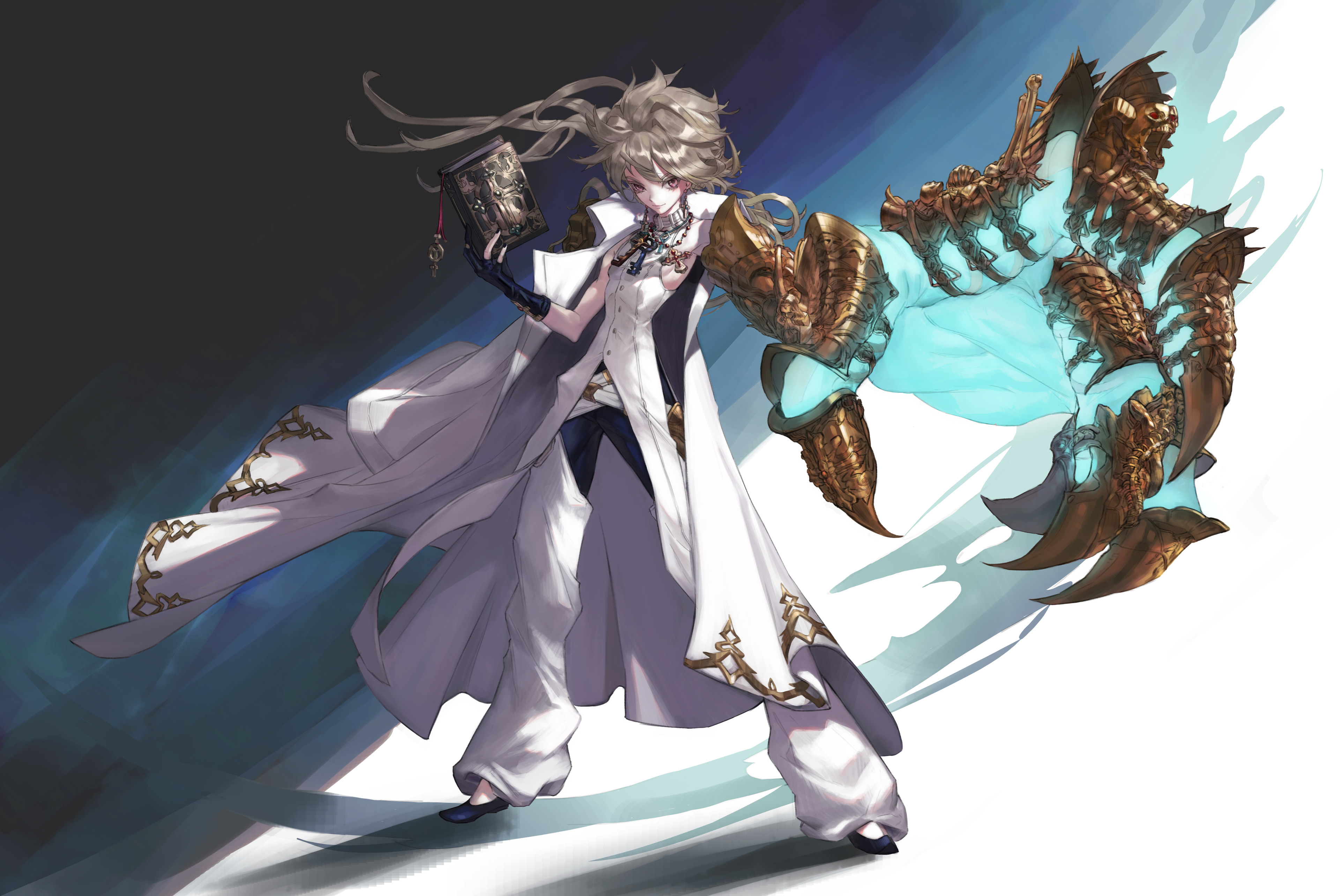 Anime boy with book and mechanical arm HD Wallpaper