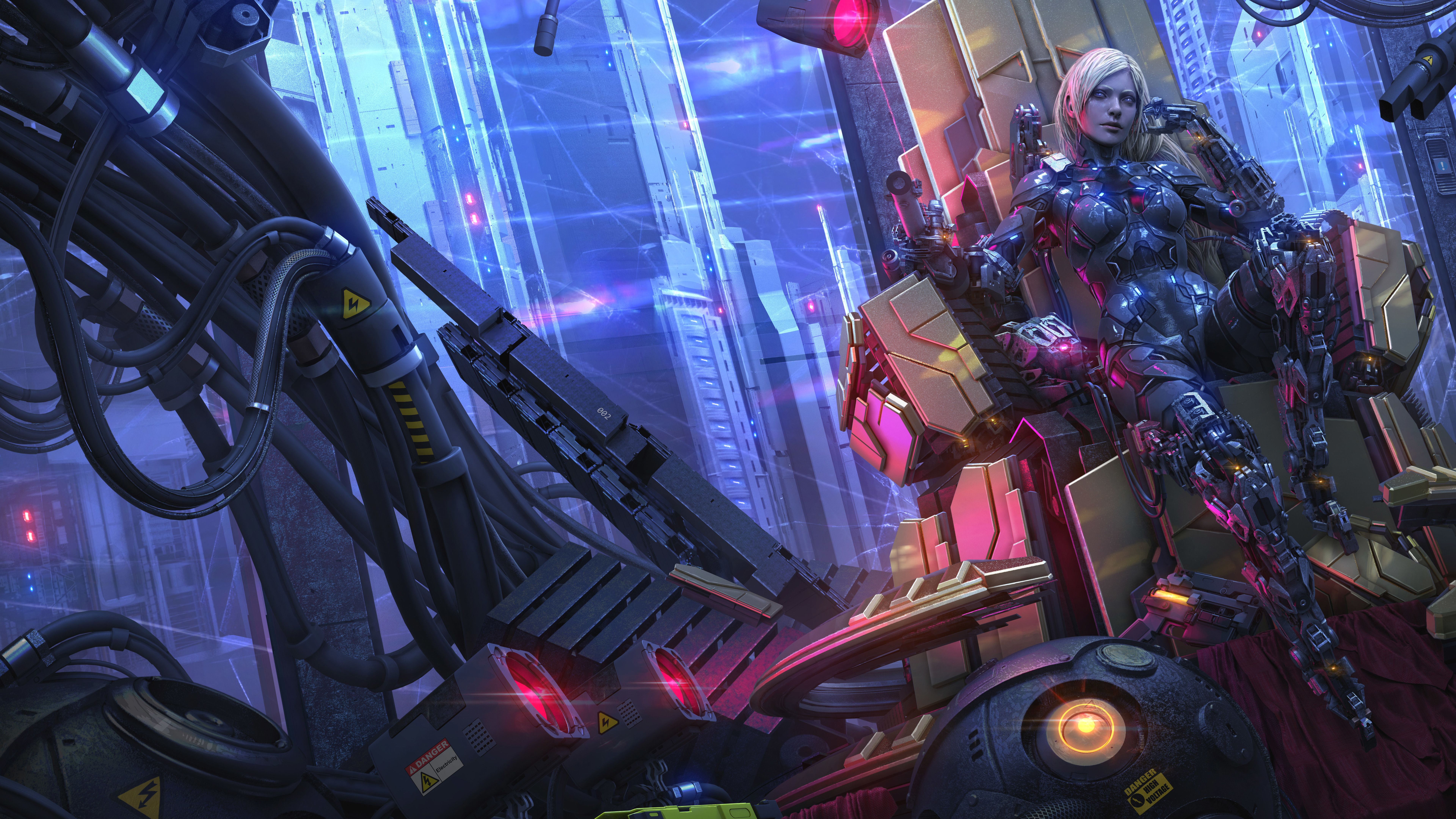 Cyberpunk woman in power armor on a throne HD Wallpaper