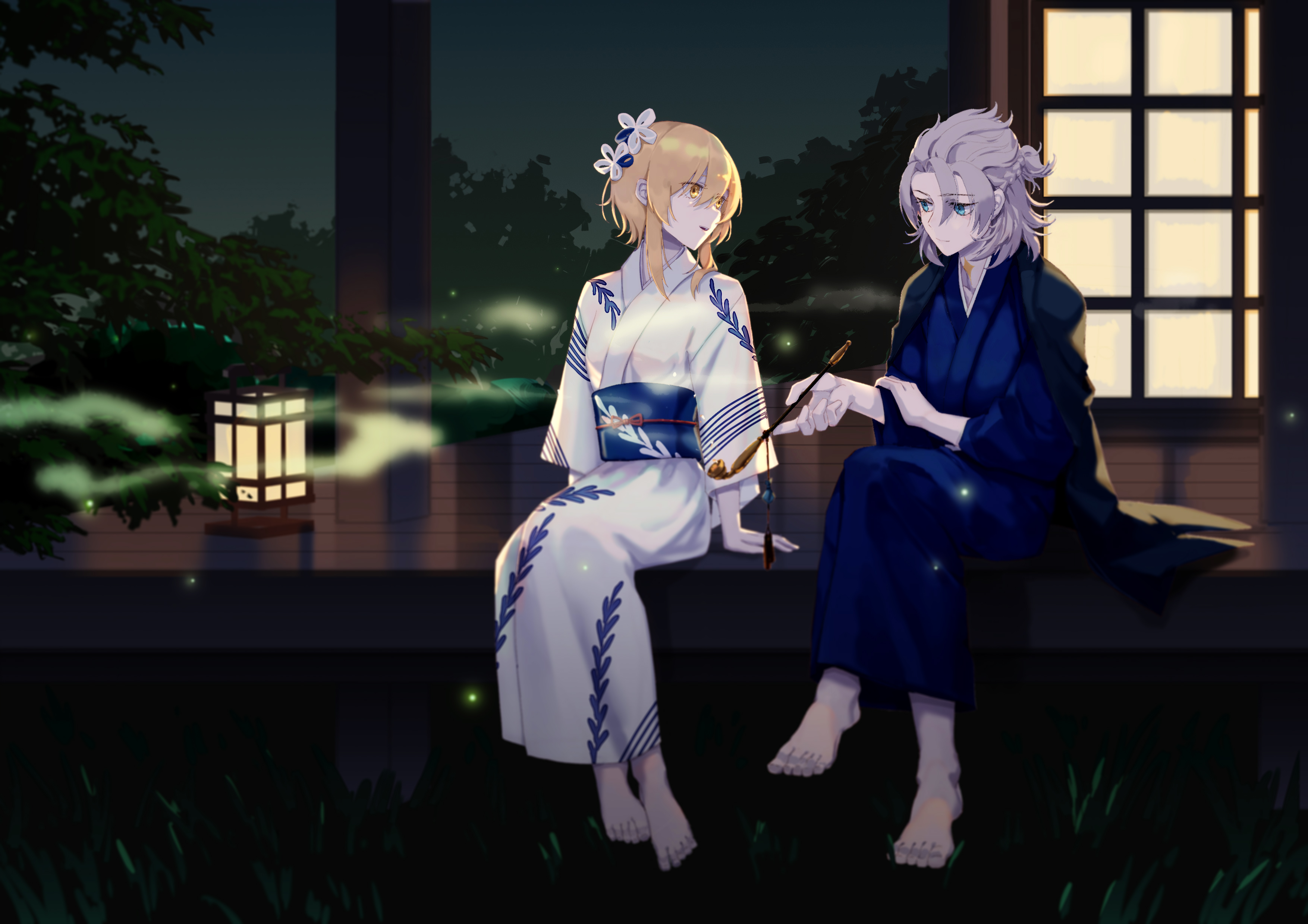 Lumine and Albedo in Kimonos at Night HD Wallpaper