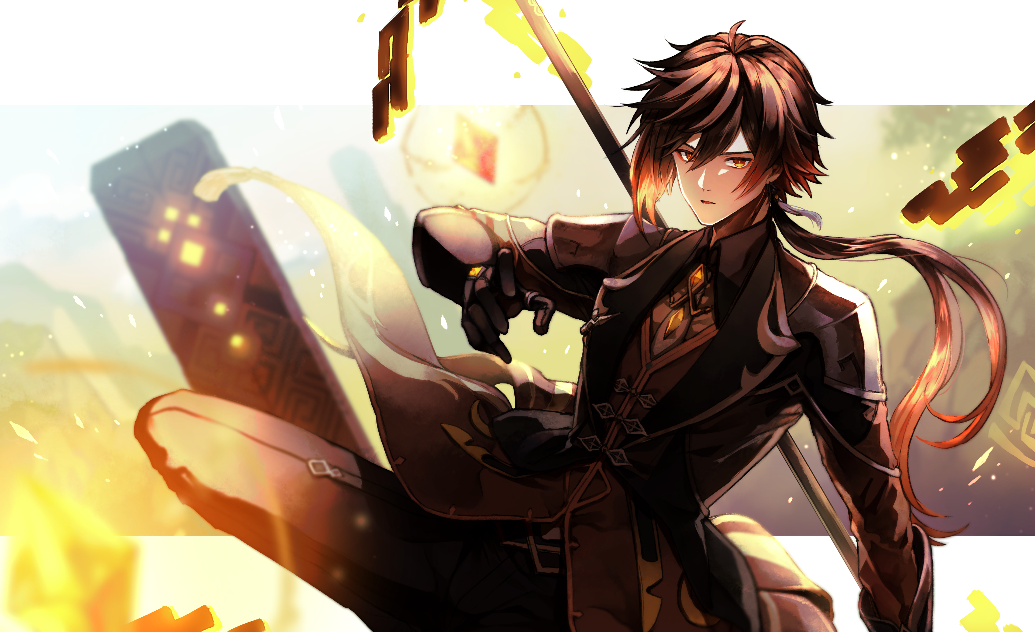 Zhongli from Genshin Impact holding a polearm HD Wallpaper