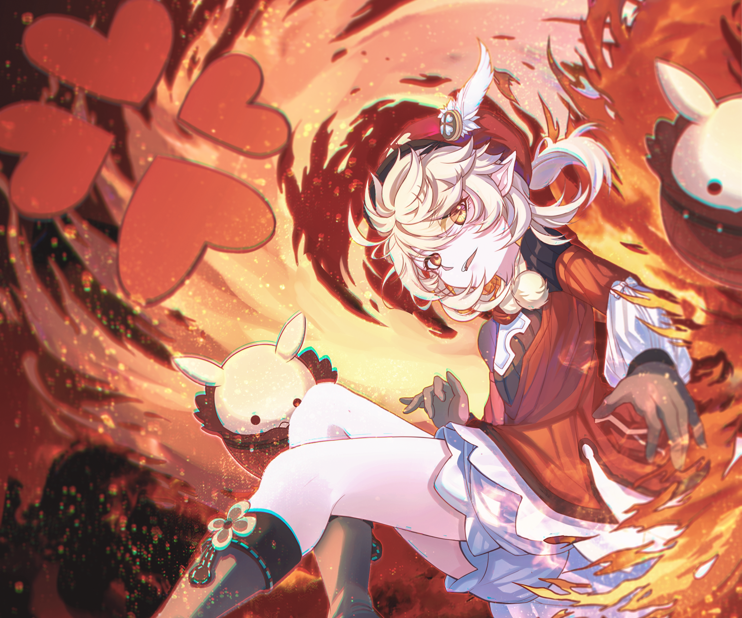 Klee from Genshin Impact surrounded by fire and hearts HD Wallpaper
