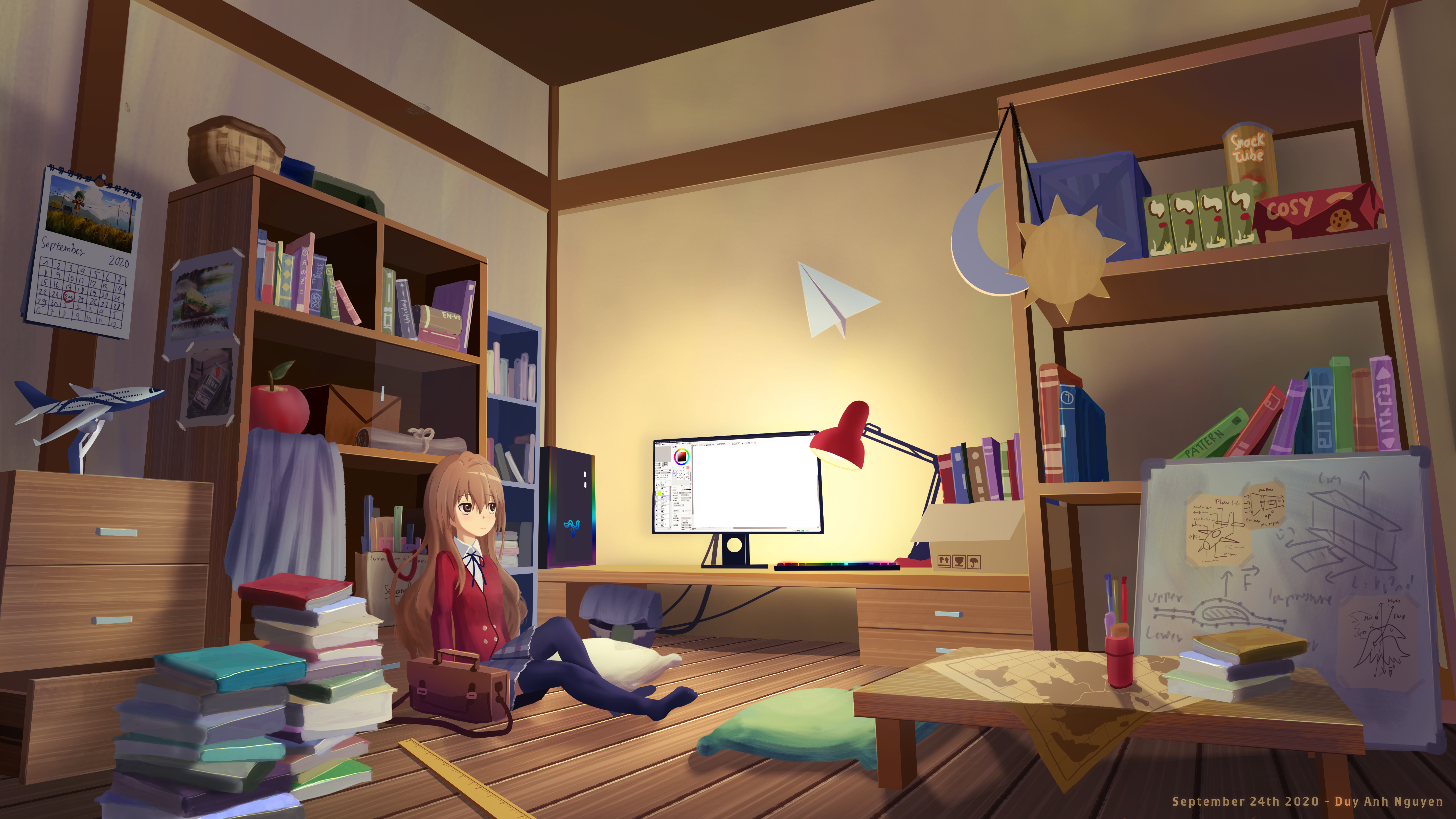 Taiga Aisaka in her room with computer and books HD Wallpaper
