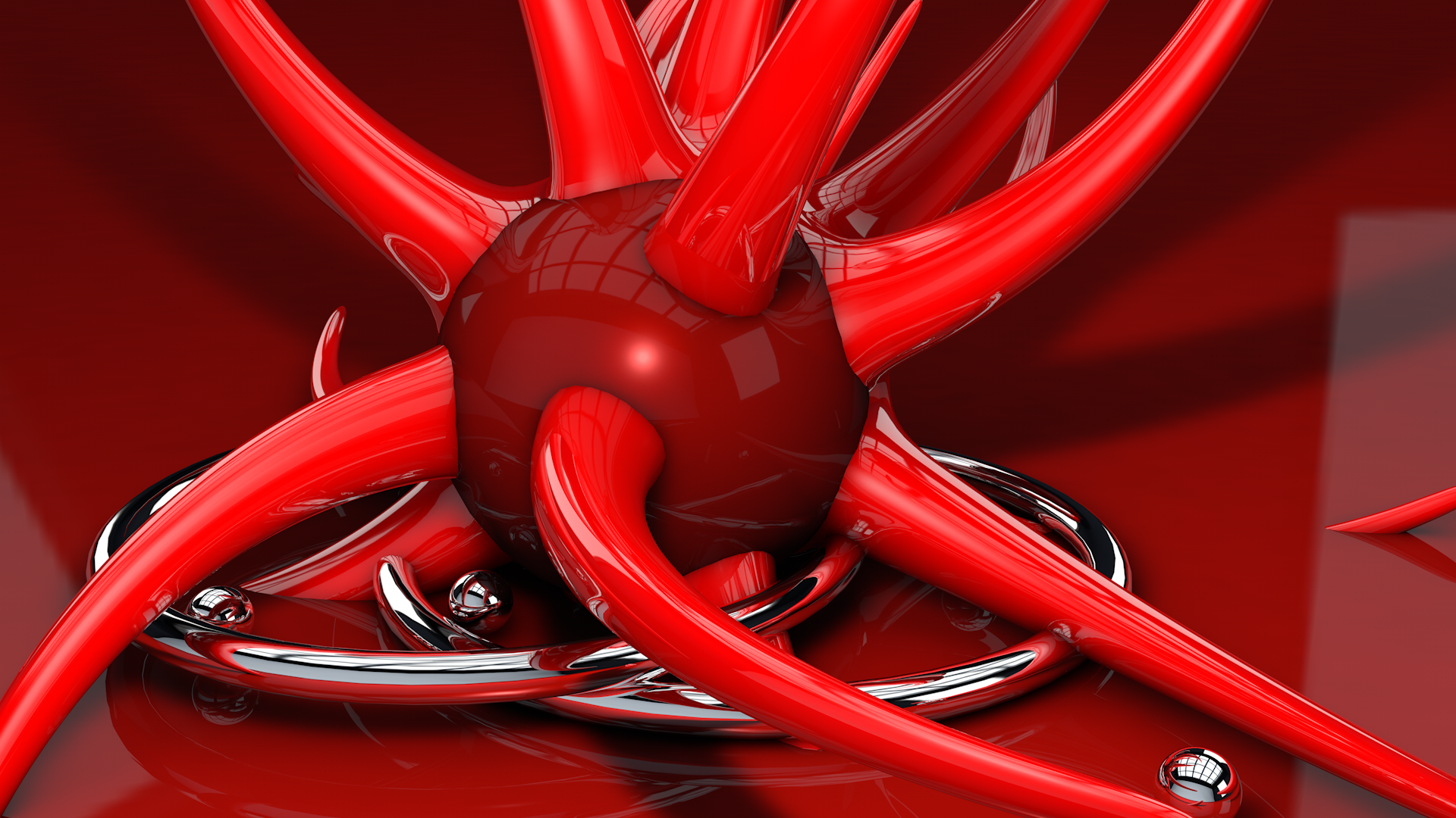 Abstract Red 3D Shapes with Chrome Elements HD Wallpaper